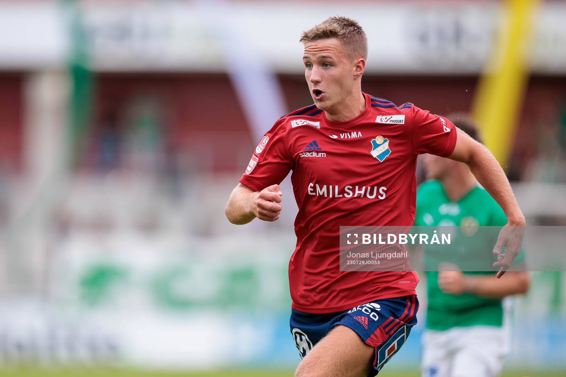 Östers André Gustafson under fotbollsmatchen i Superettan mellan Öster och Jönköpings Södra den 29 juli 2023 i Växjö. 
