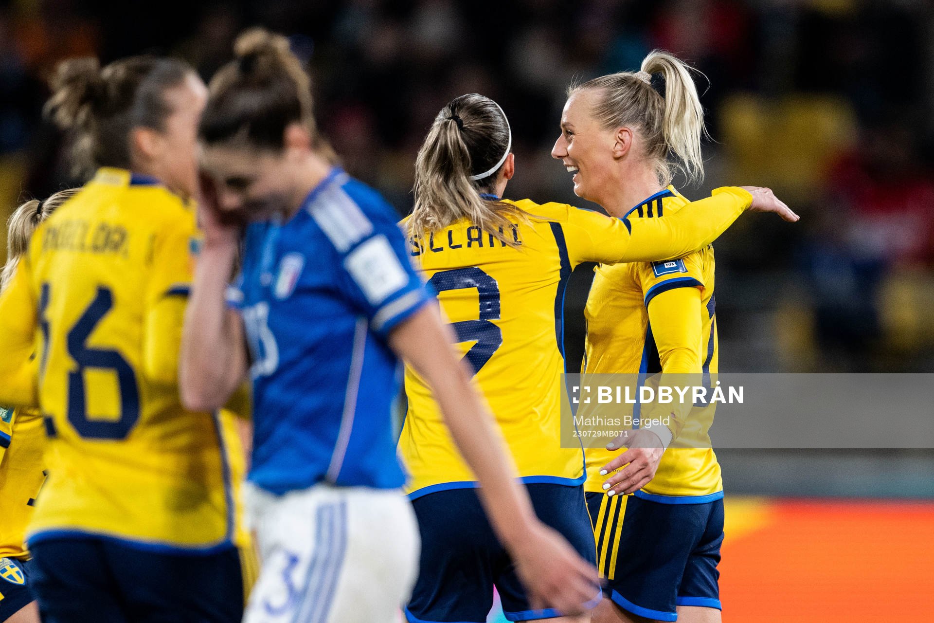Kosovare Asllani and Stina Blackstenius of Sweden celebrate