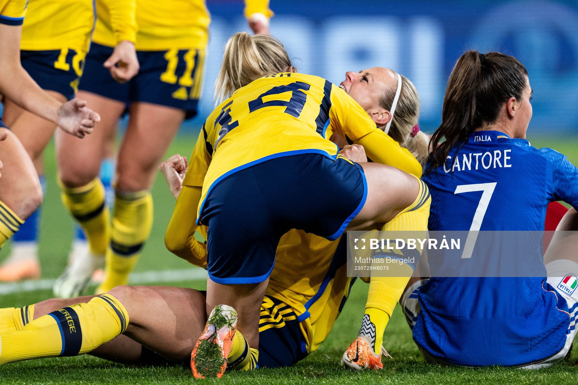 Nathalie Björn celebrates with Amanda Ilestedt of Sweden