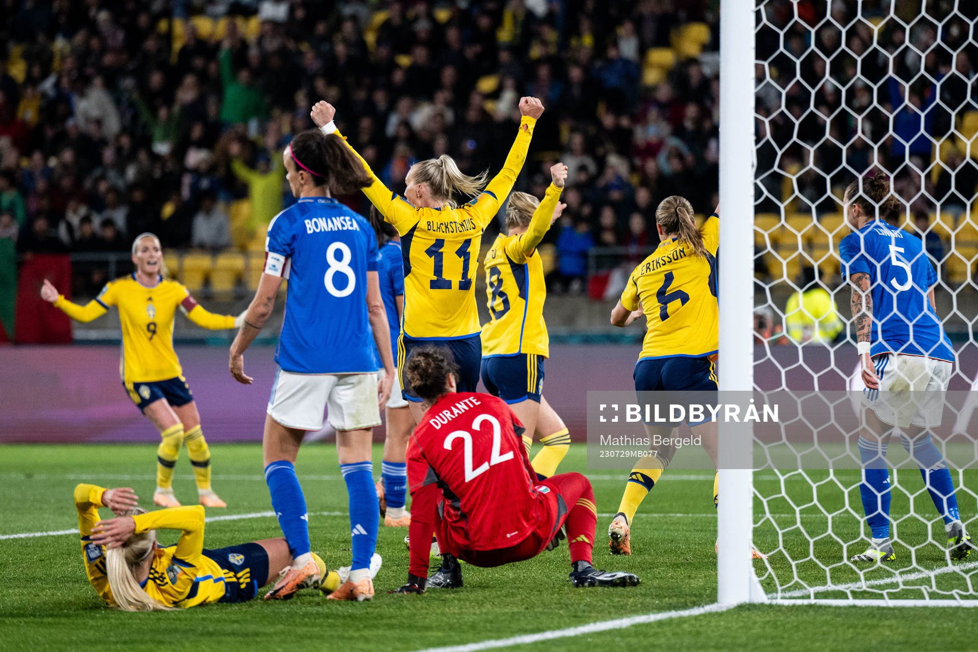 Stina Blackstenius and Magdalena Eriksson of Sweden celebrate after 2-0 by Fridolina Rolfö during the FIFA Women's World Cup football match between Sweden and Italy on July 29, 2023 in Wellington.
