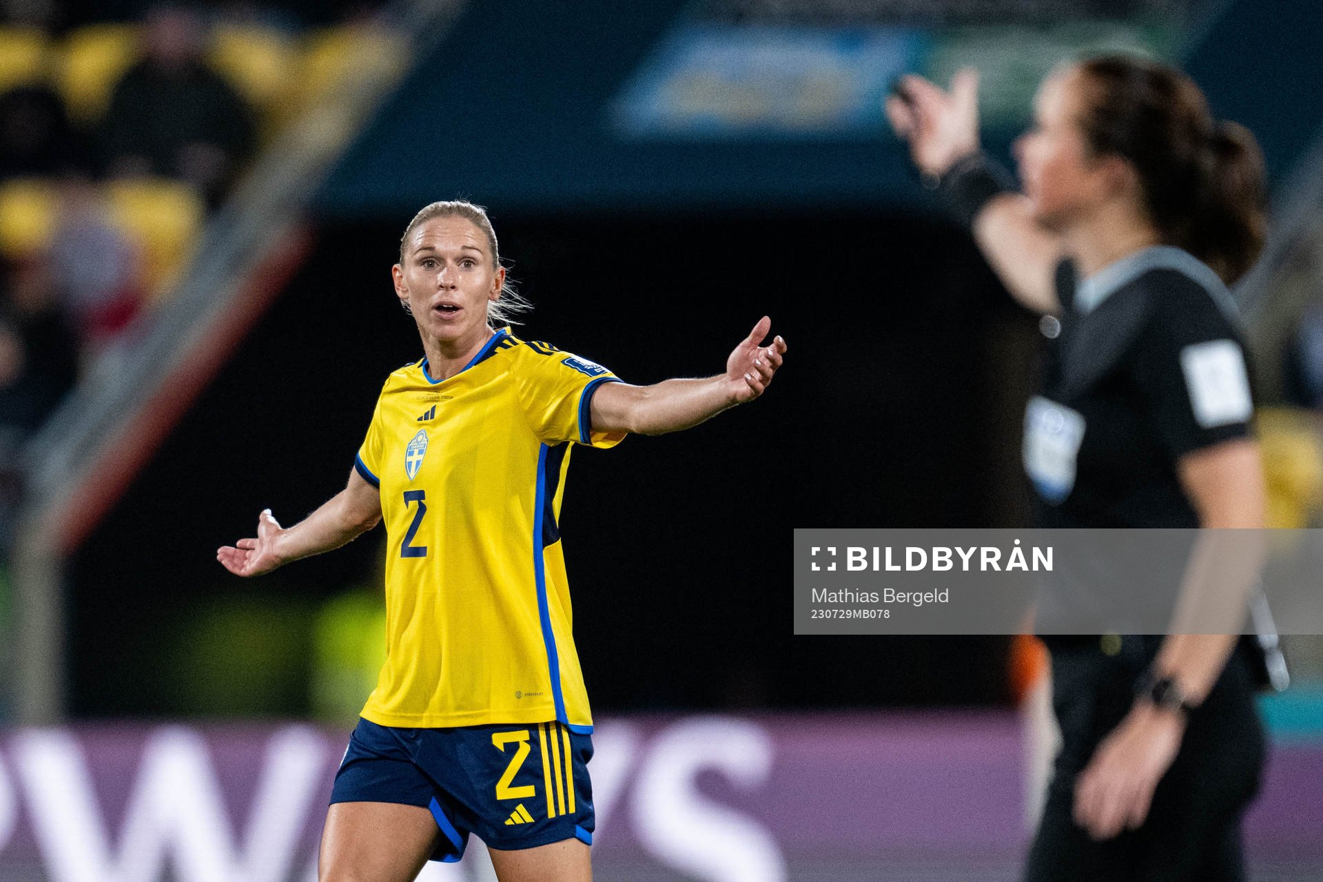Jonna Andersson of Sweden reacts against referee Cheryl