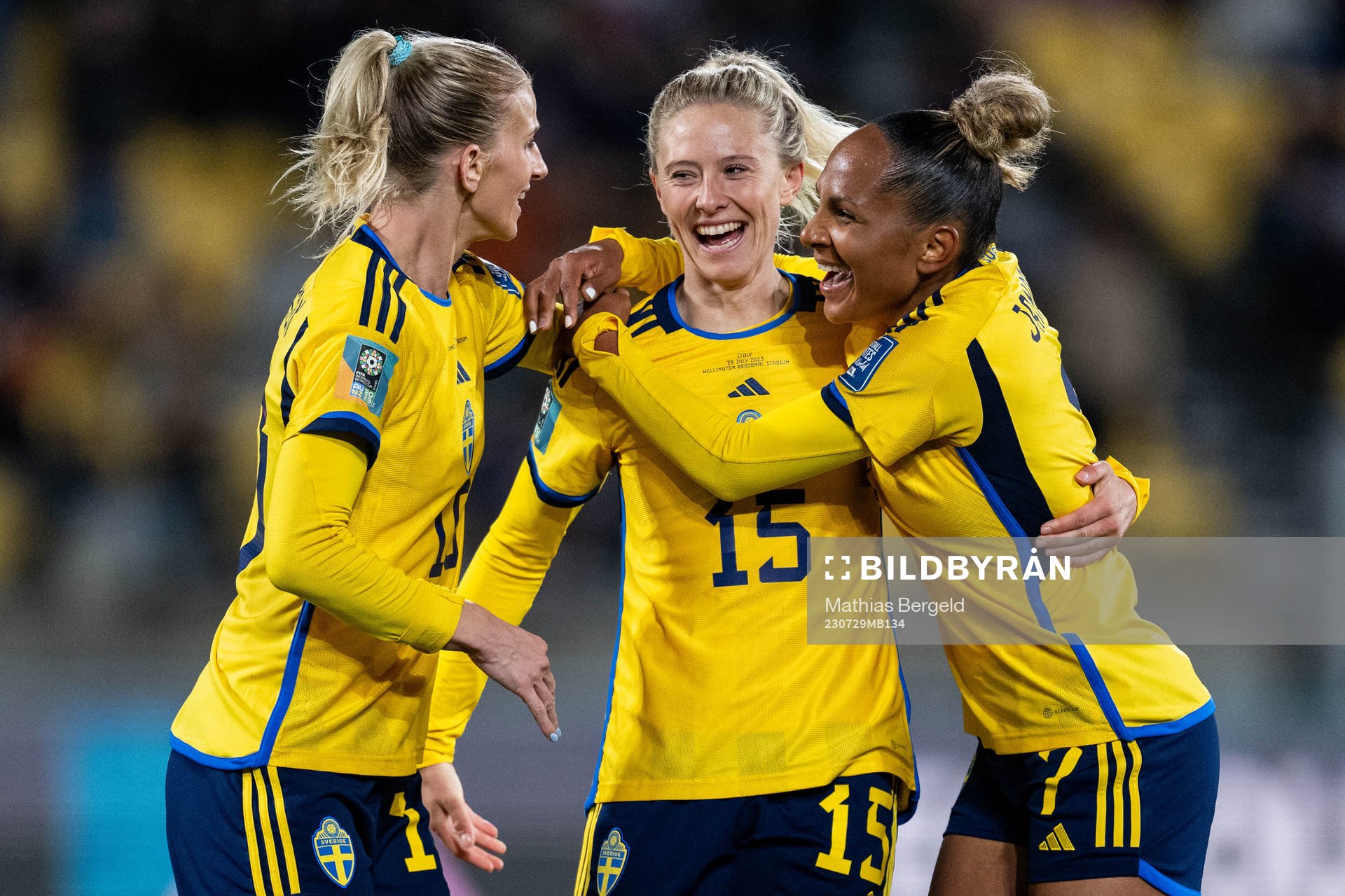 Sofia Jakobsson, Rebecka Blomqvist and Madelen Janogy of Sweden celebrate after 5-0 during the FIFA Women's World Cup football match between Sweden and Italy on July 29, 2023 in Wellington. 