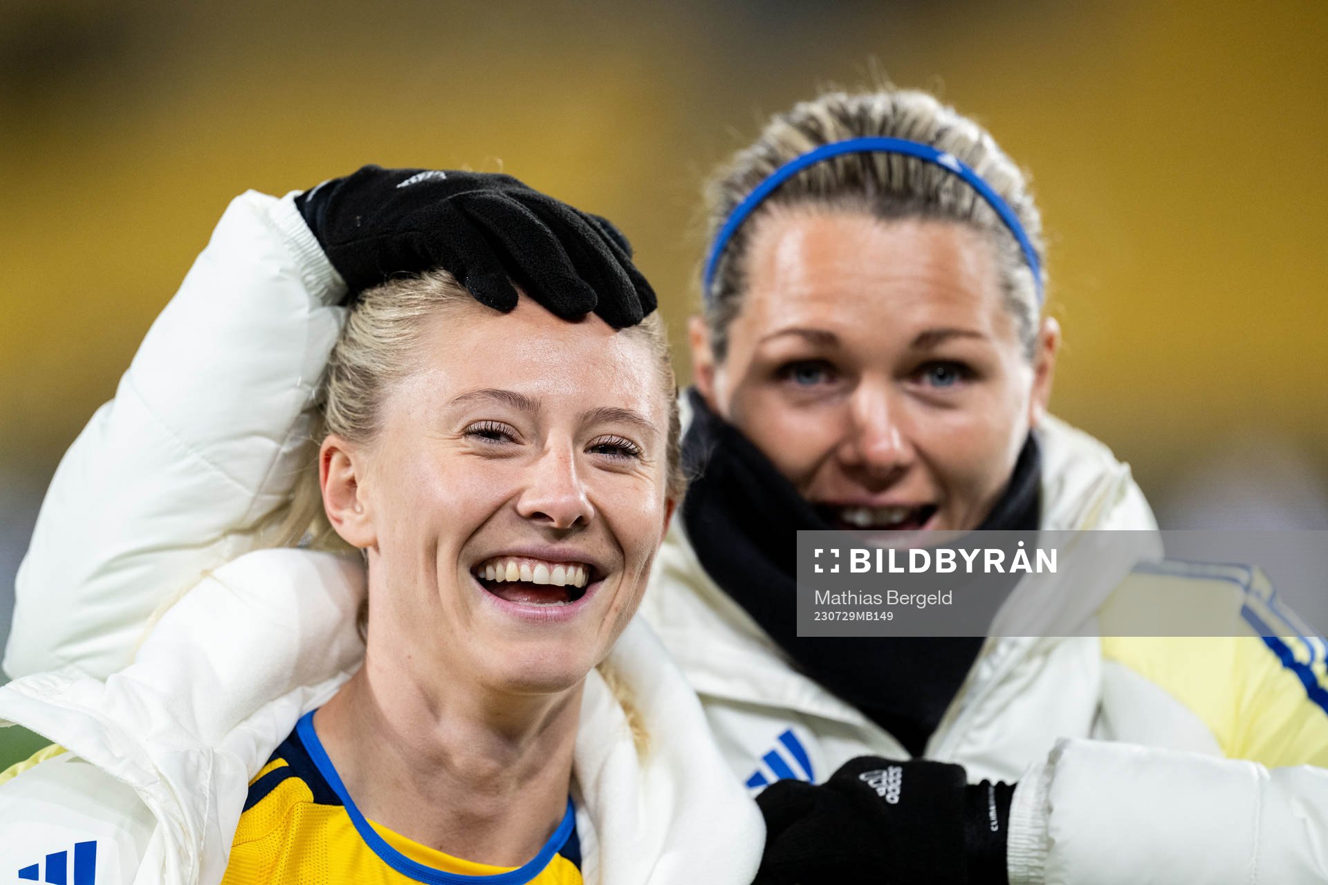 Rebecka Blomqvist and goalkeeper Jennifer Falk of Sweden
