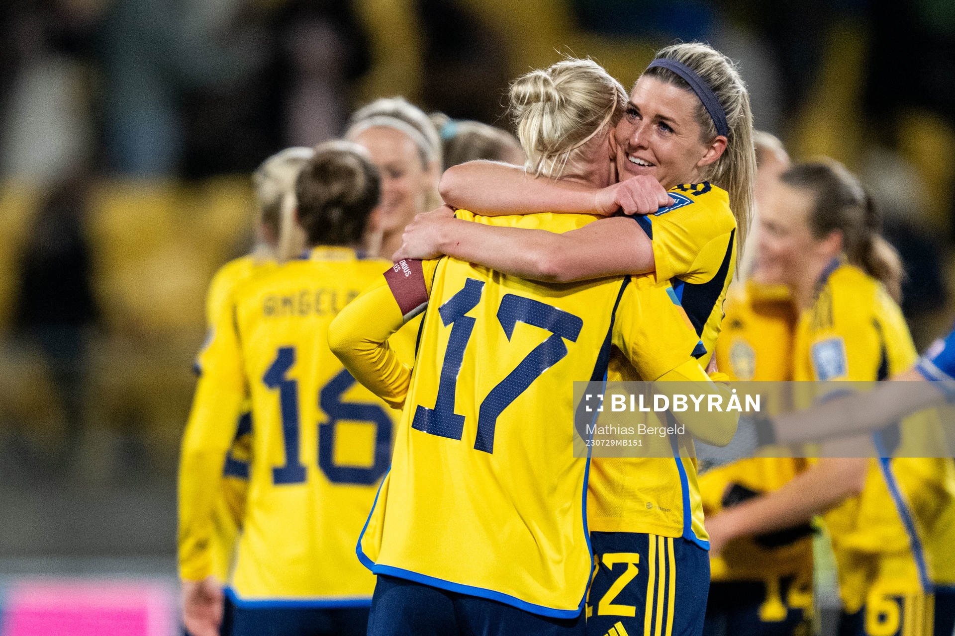 Caroline Seger and Olivia Schough of Sweden celebrate