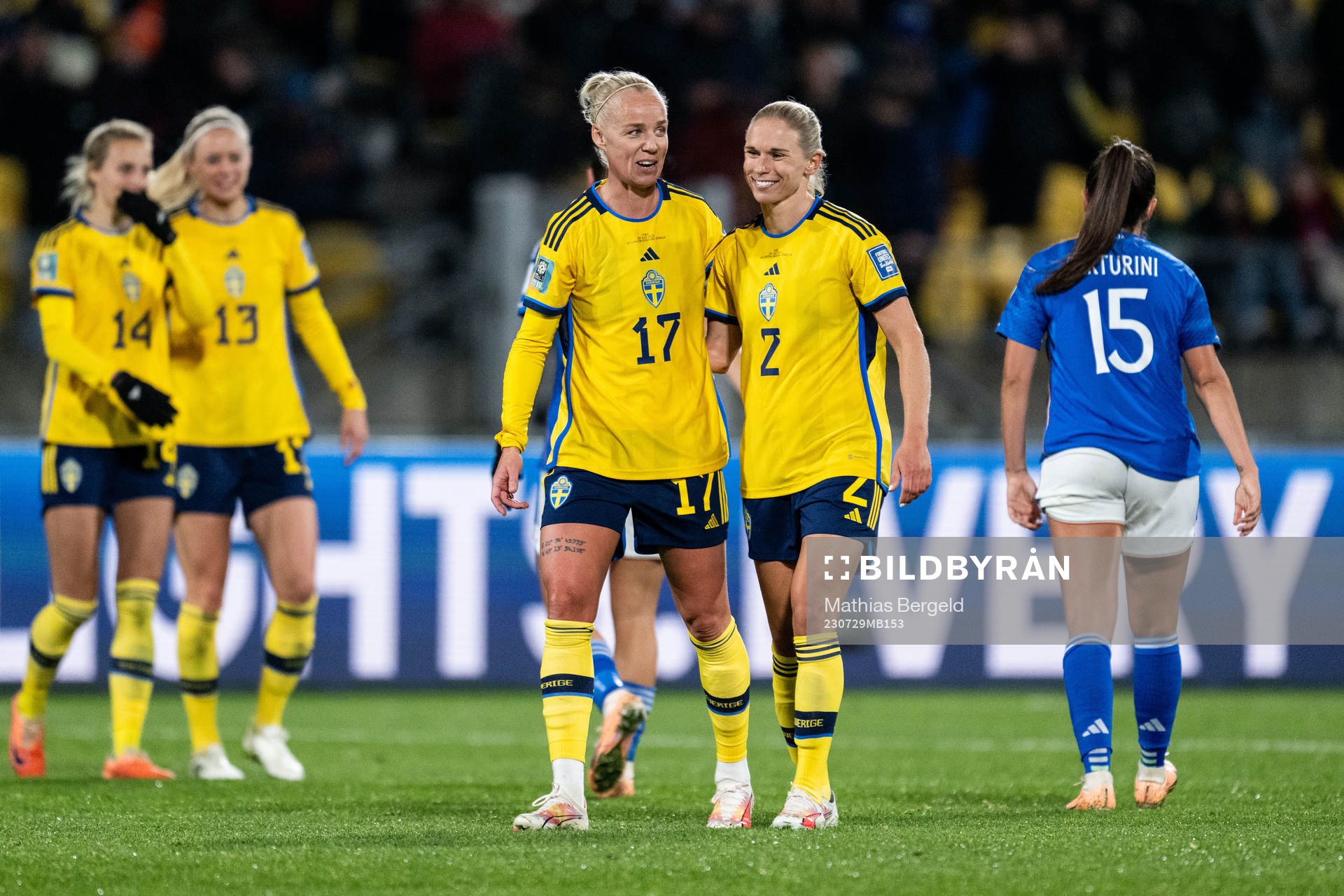 Caroline Seger and Jonna Andersson of Sweden celebrate