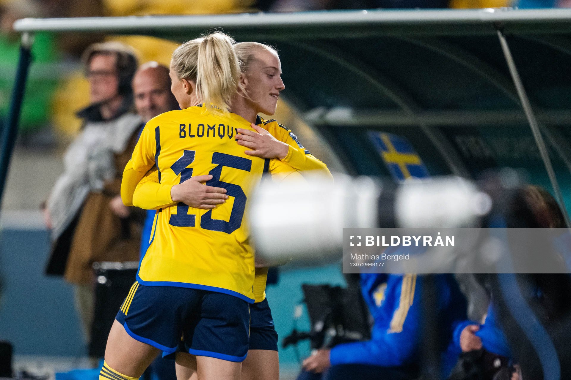 Anna Sandberg and Rebecka Blomqvist of Sweden hug