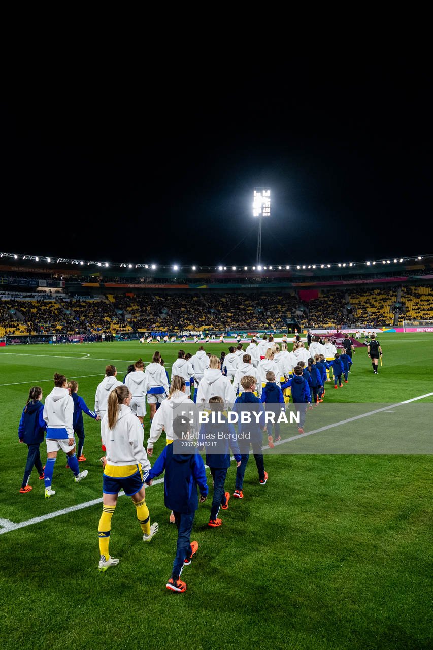 Players of Sweden enter the pitch