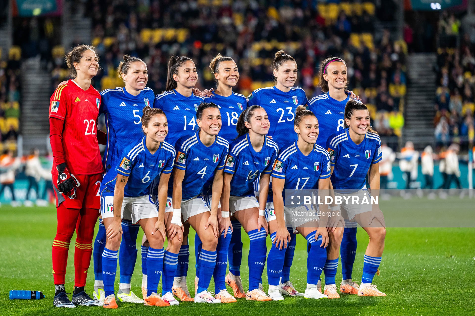 The starting eleven of Italy pose for a photo ahead of the FIFA Women's World Cup football match between Sweden and Italy on July 29, 2023 in Wellington. From the top left: Goalkeeper Francesca Durante, Elena Linari, Chiara Beccari, Arianna Caruso, Cecilia Salvai, Barbara Bonansea, Manuela Giugliano, Lucia Giuglielmo, Giulia Dragoni, Lisa Boattin and Sofia Cantorse.
