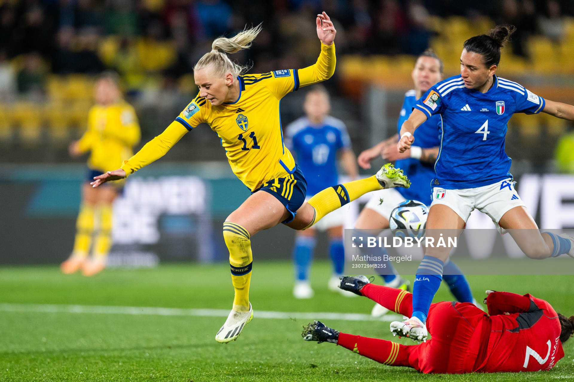 Stina Blackstenius of Sweden fall in a duel with goalkeeper