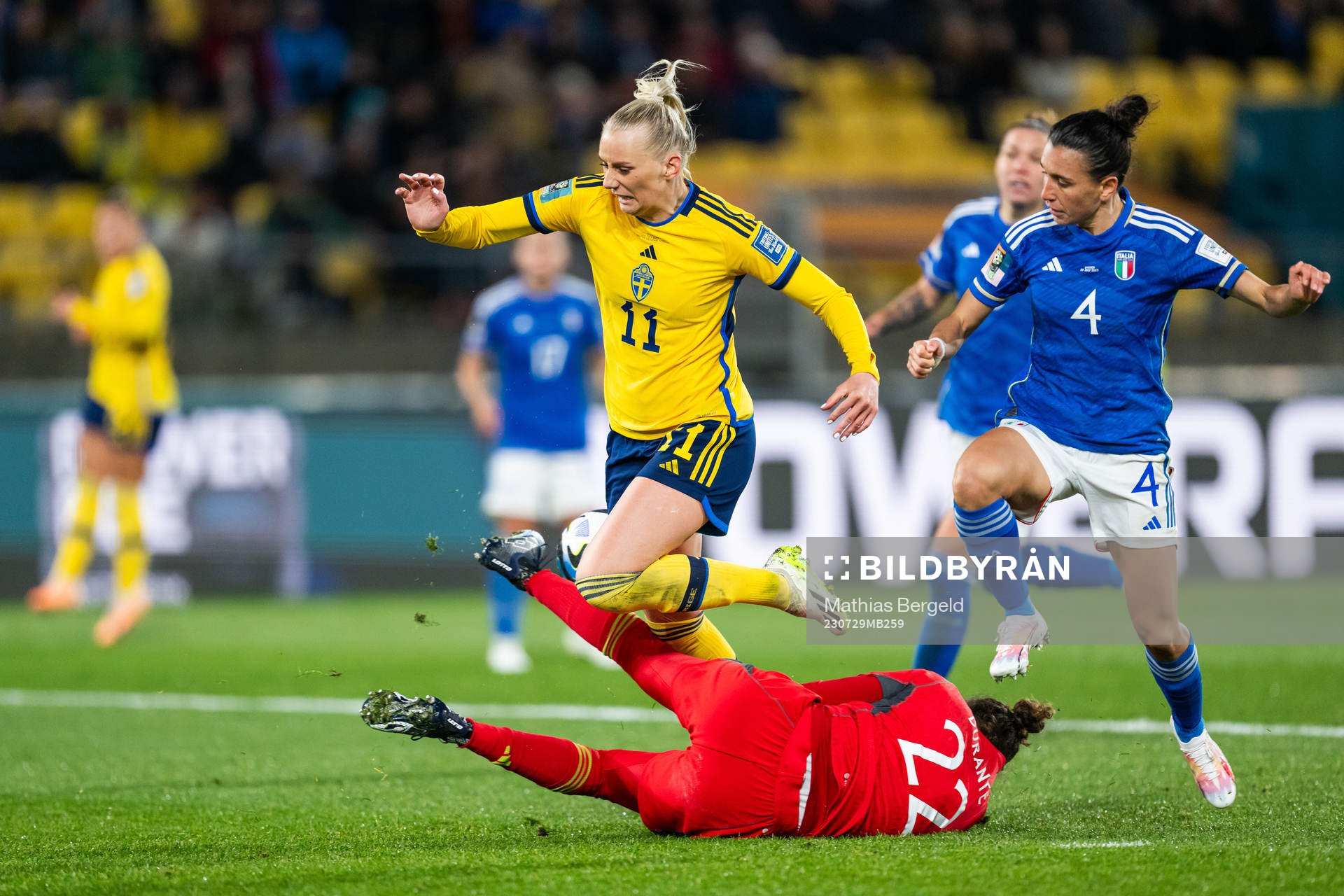 Stina Blackstenius of Sweden fall in a duel with goalkeeper