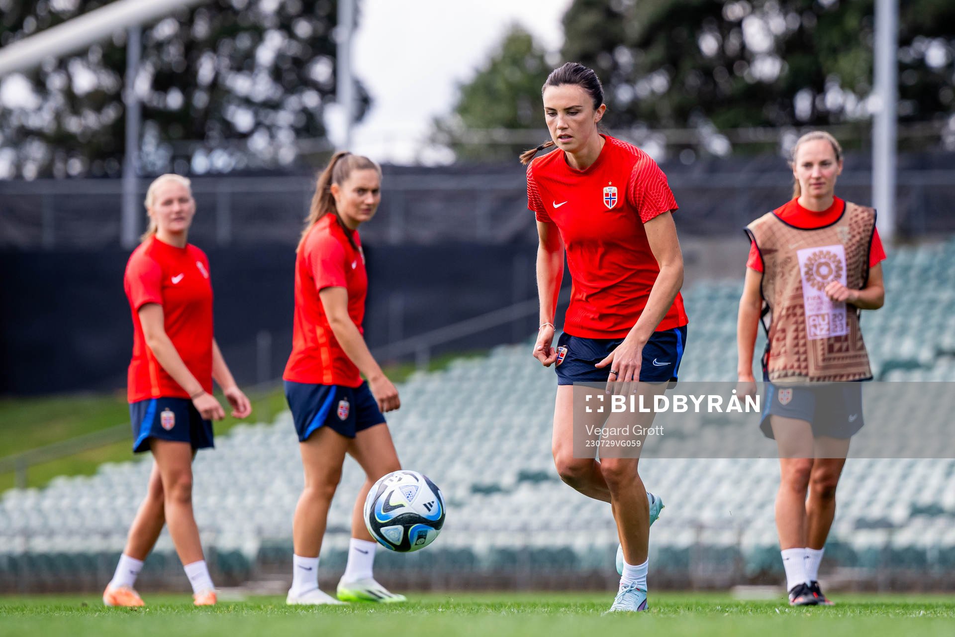 Ingrid Syrstad Engen of the Norwegian women’s national football team at a training session during the FIFA Women's World Cup on July 29, 2023 in Auckland.