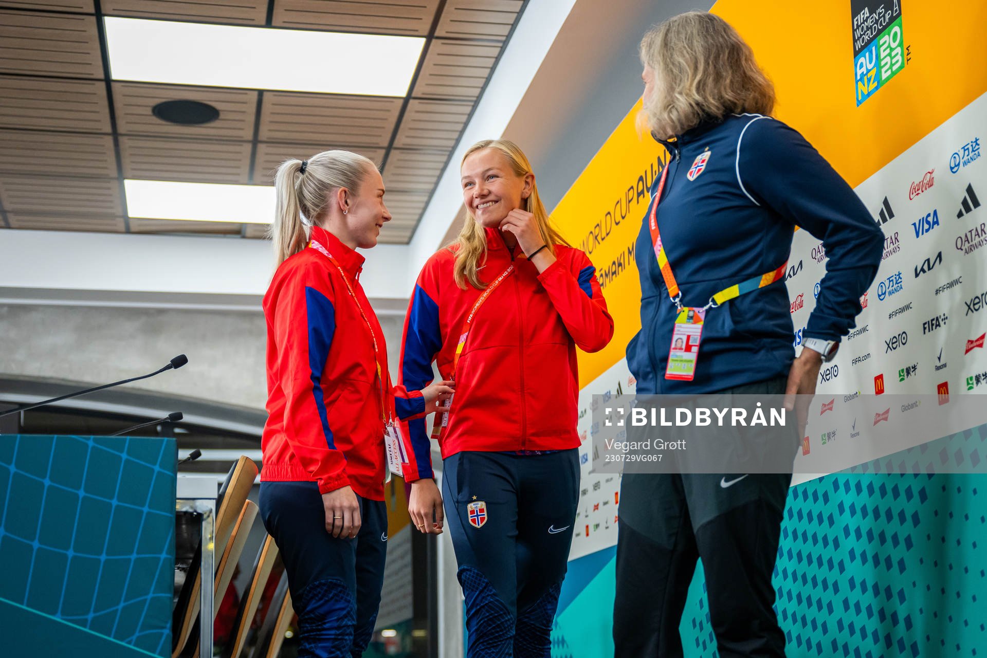 Thea Bjelde, Frida Maanum and Hege Riise, head coach of the Norwegian women’s national football team, after a press conference during the FIFA Women's World Cup on July 29, 2023 in Auckland.