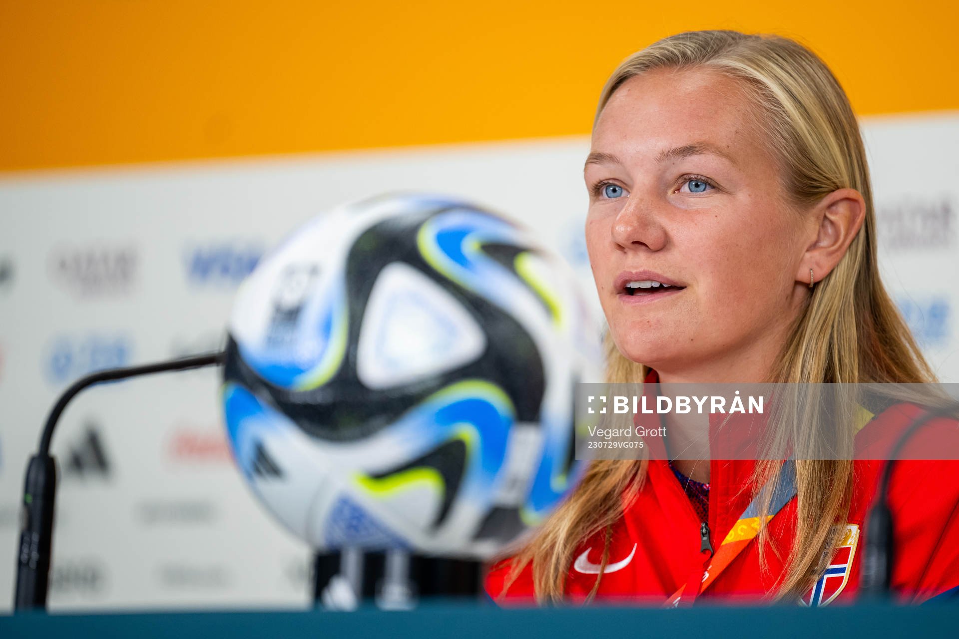 Frida Maanum of the Norwegian women’s national football team at a press conference during the FIFA Women's World Cup on July 29, 2023 in Auckland.