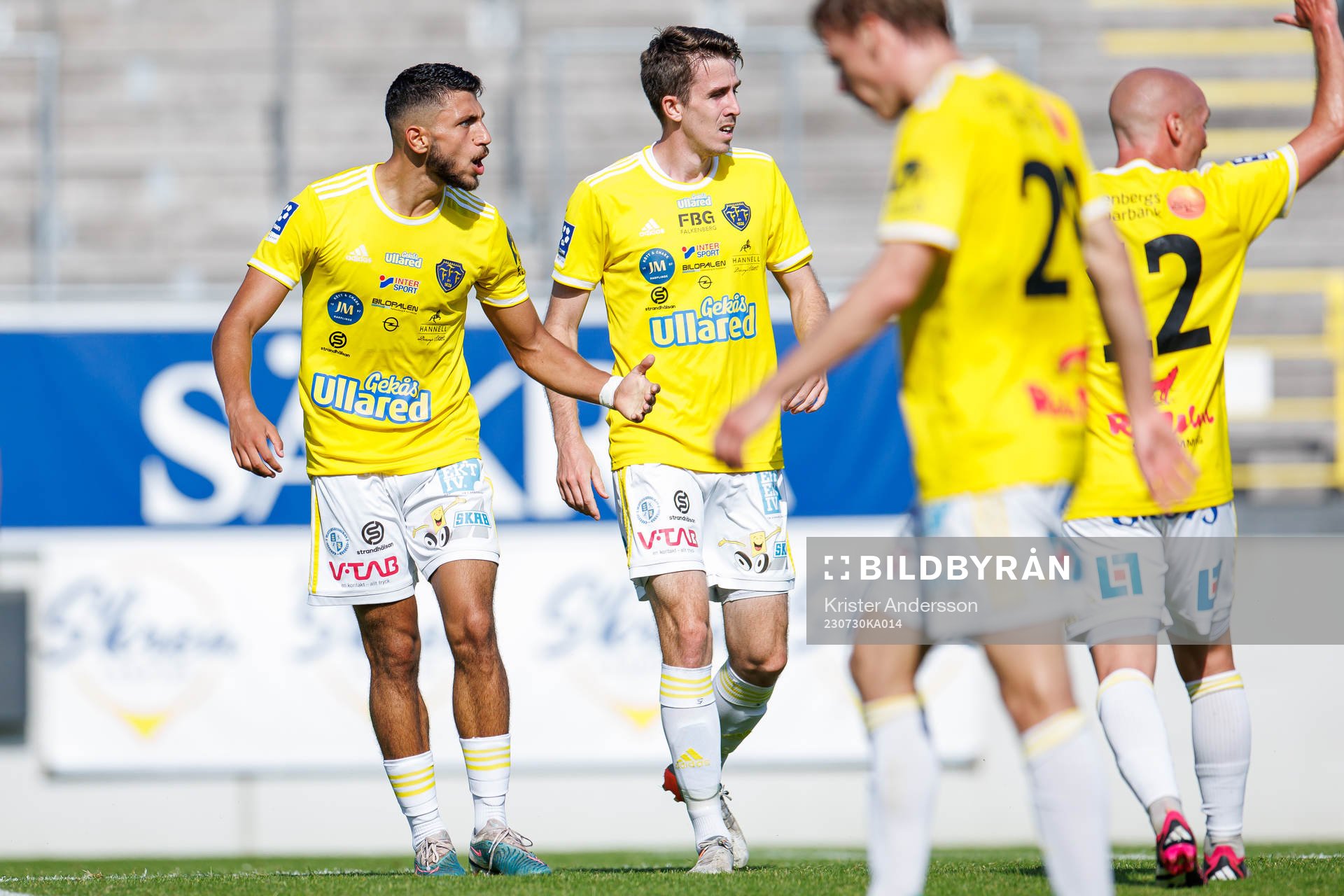 Falkenbergs Leonardo Farah Shahin jublar efter 1-1 under fotbollsmatchen i Ettan södra mellan Falkenberg och Ariana den 30 juli 2023 i Falkenberg.