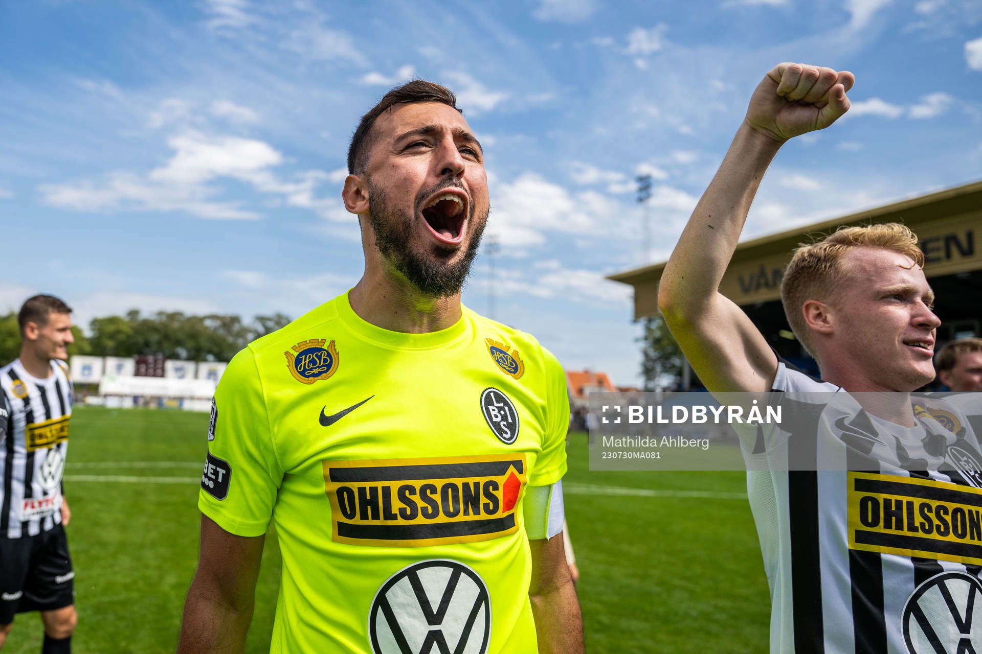 Landskronas målvakt Amr Kaddoura jublar efter fotbollsmatchen i Superettan mellan Trelleborg och Landskrona den 30 juli 2023 i Trelleborg.