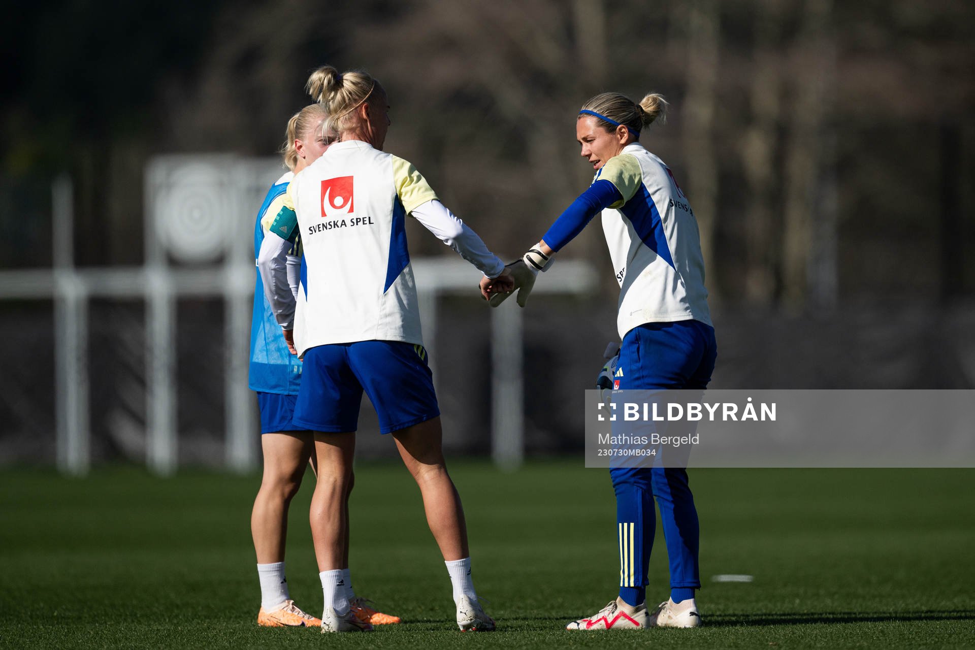 Caroline Seger and goalkeeper Jennifer Falk of the Swedish