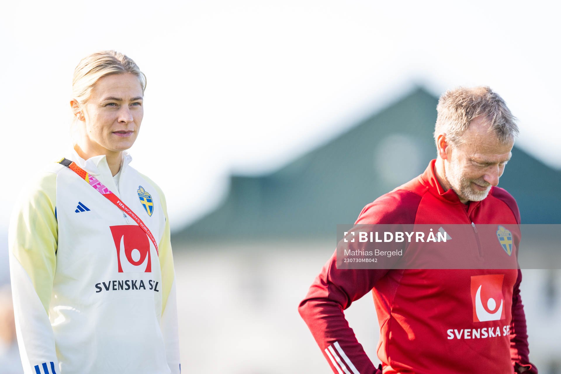 Fridolina Rolfö and physiotherapist Pontus Ekblom of the Swedish women's national football team at a training session during the FIFA Women's World Cup on July 30, 2023 in Upper Hutt.