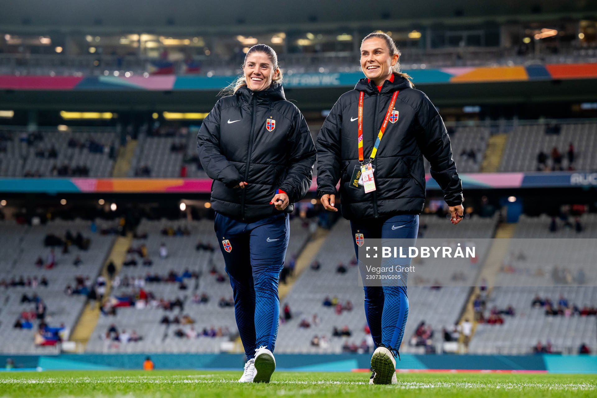 Maren Mjelde and Emilie Bosshard Haavi of Norway ahead of the FIFA Women's World Cup football match between Norway and Philippines on July 30, 2023 in Auckland.