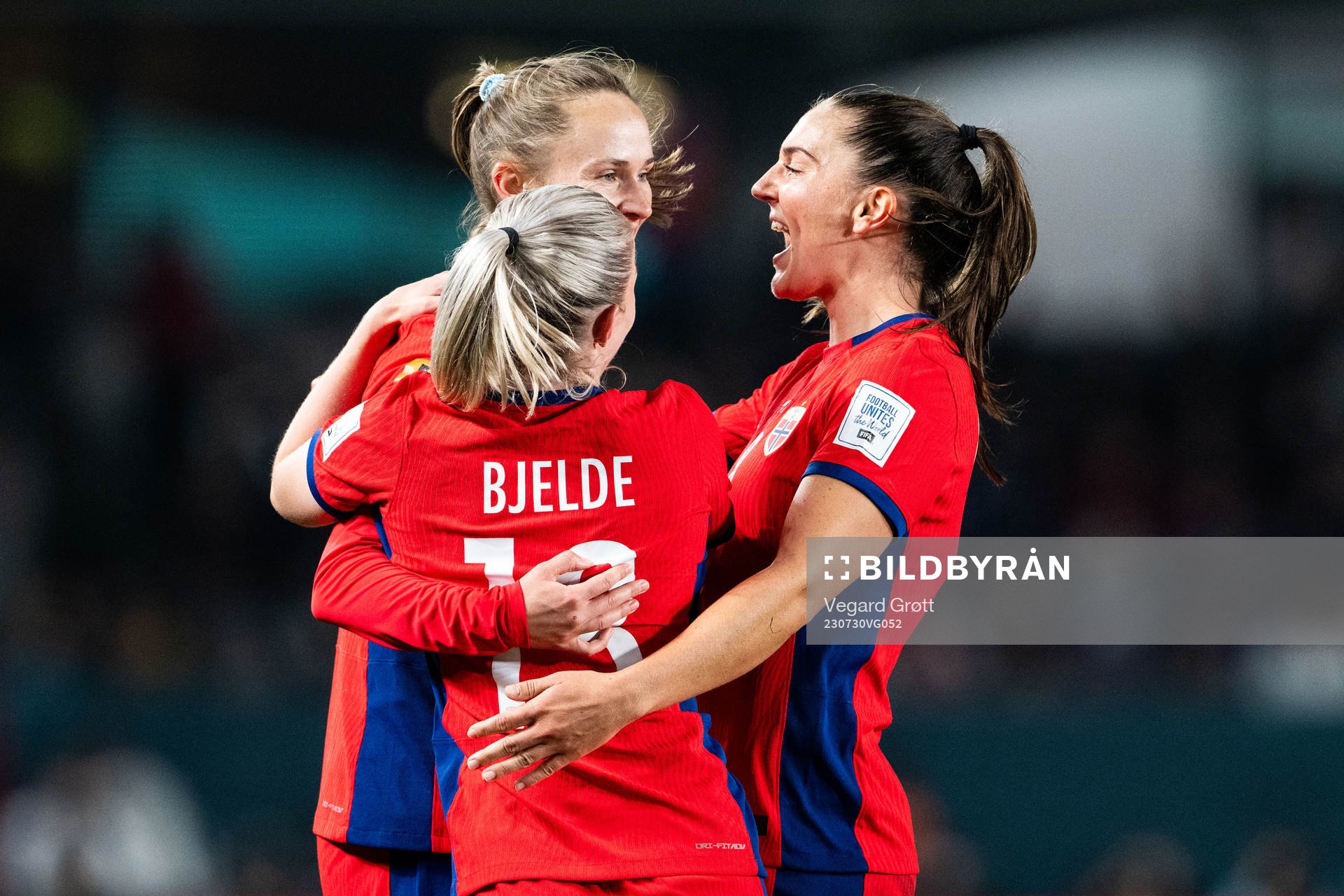 Caroline Graham Hansen of Norway celebrates with Thea Bjelde and Vilde Bøe Risa after 3-0 during the FIFA Women's World Cup football match between Norway and Philippines on July 30, 2023 in Auckland. 