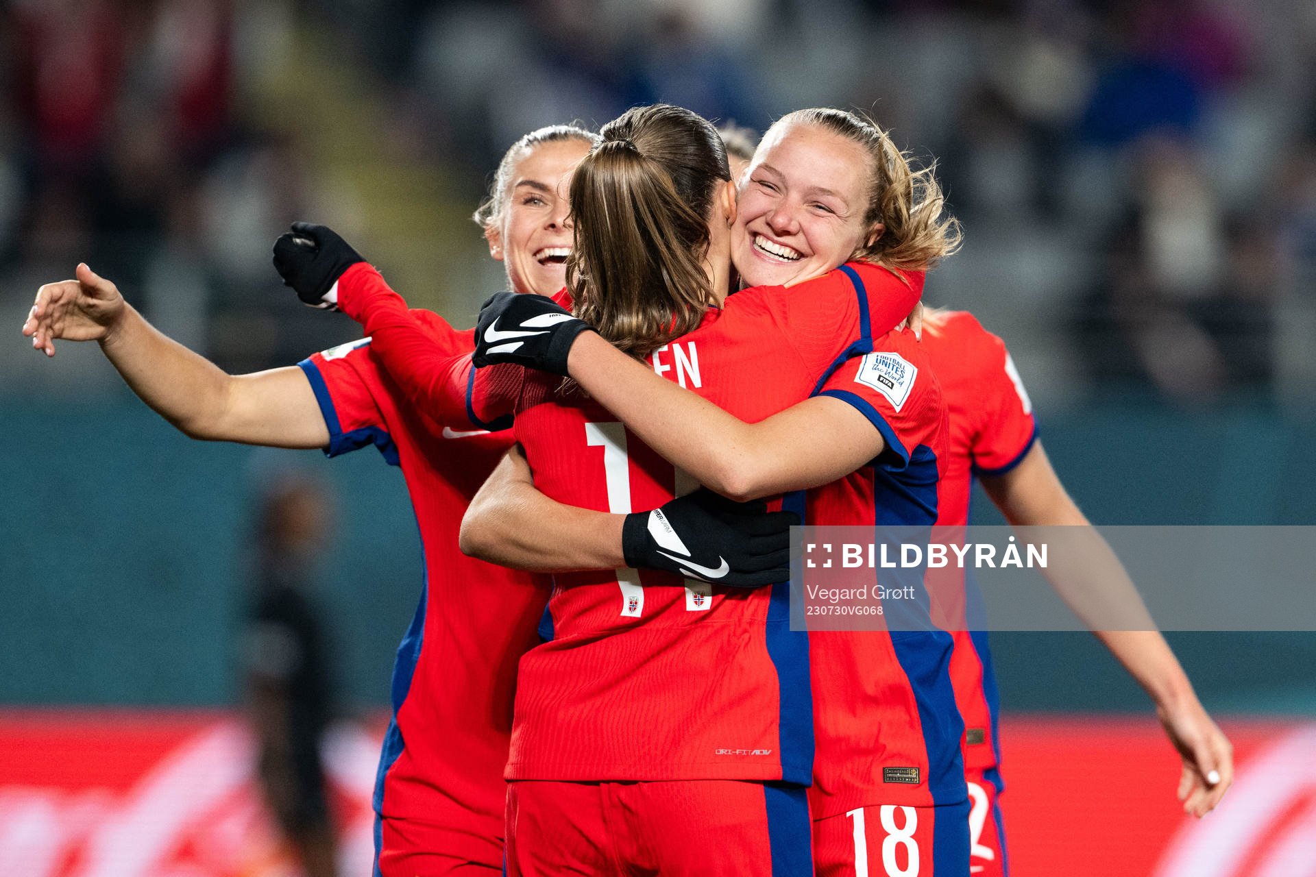 Frida Maanum of Norway celebrates with Guro Reiten after 4-0 during the FIFA Women's World Cup football match between Norway and Philippines on July 30, 2023 in Auckland. 