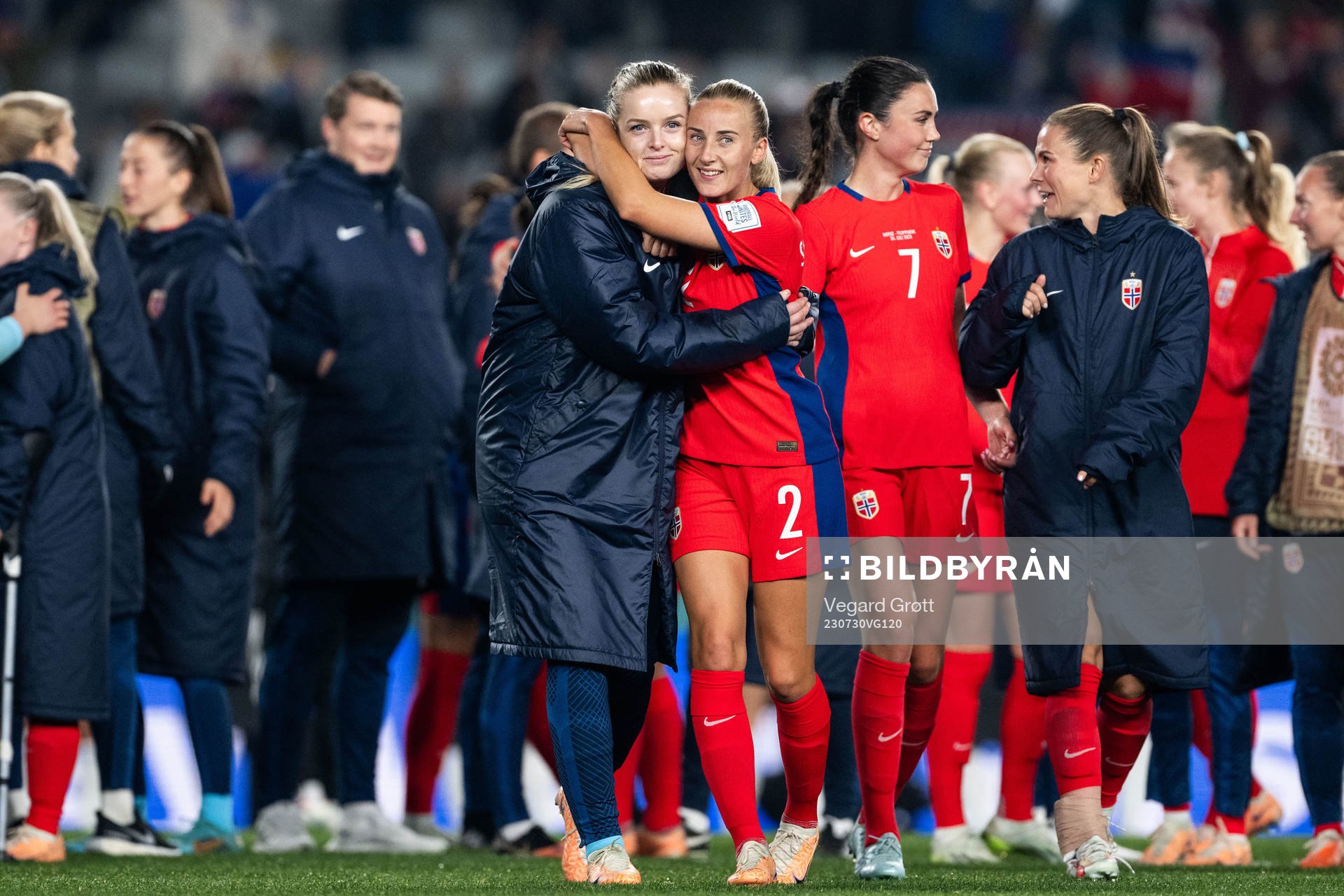 Goalkeeper Guro Pettersen and Anja Sønstevold of Norway after the FIFA Women's World Cup football match between Norway and Philippines on July 30, 2023 in Auckland.