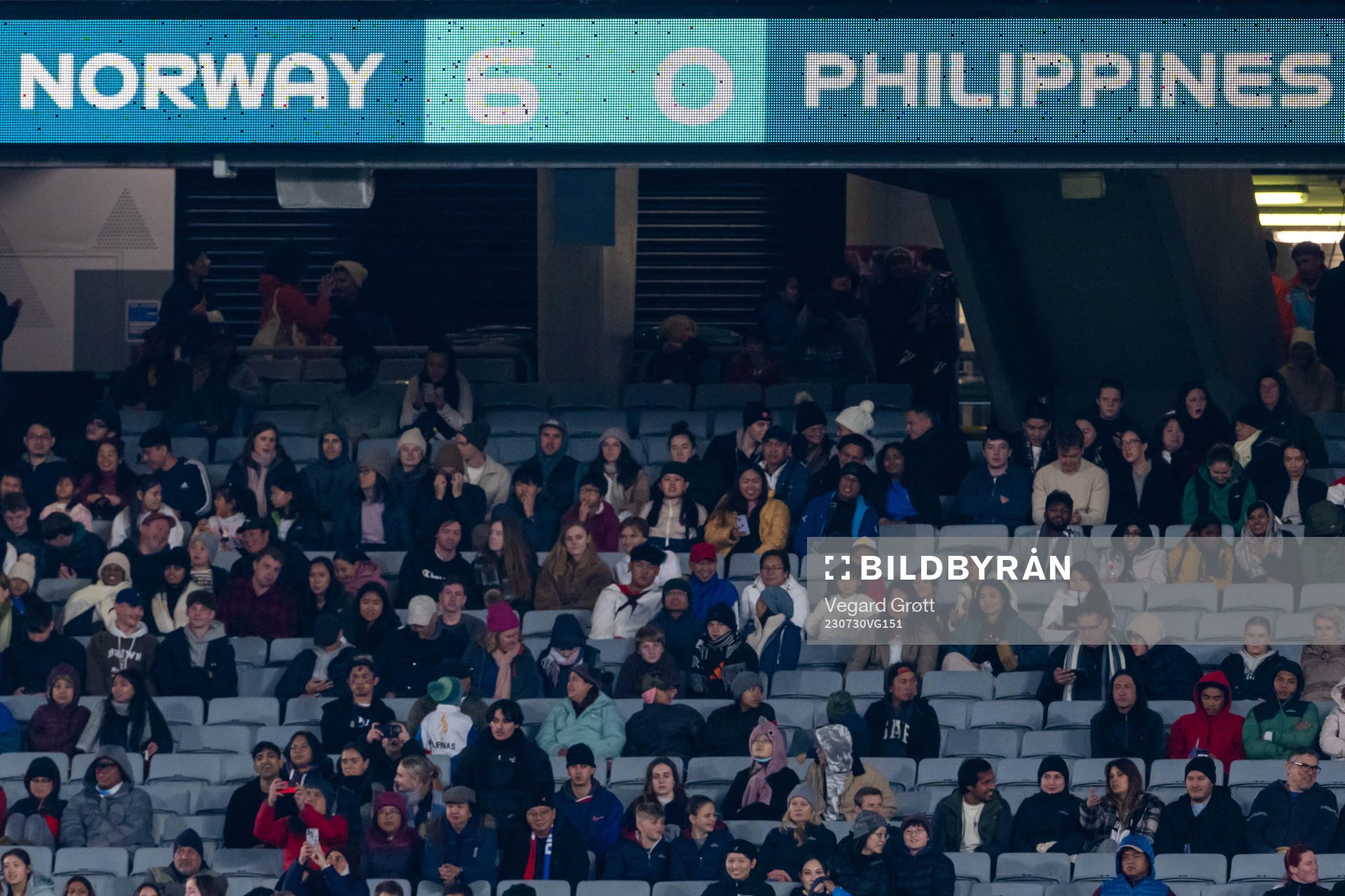 The scoreboard shows the final result during the FIFA Women's World Cup football match between Norway and Philippines on July 30, 2023 in Auckland.