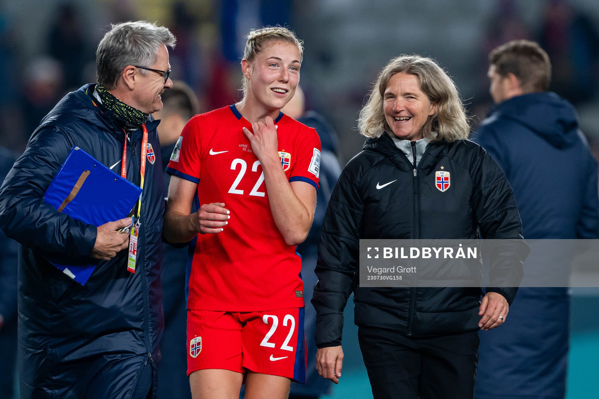 Press officer Halvor Lea, Sophie Román Haug and head coach Hege Riise of Norway after the FIFA Women's World Cup football match between Norway and Philippines on July 30, 2023 in Auckland.