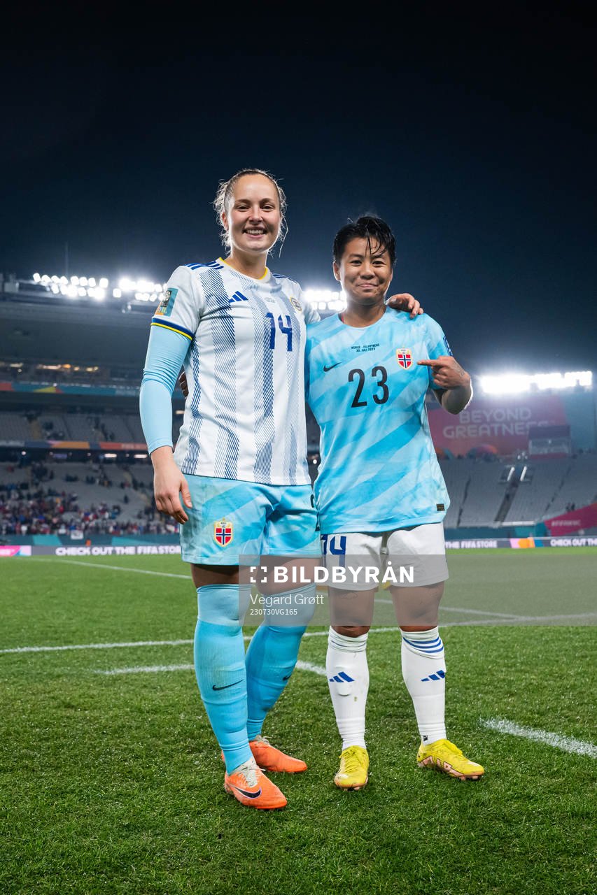 Goalkeeper Aurora Mikalsen of Norway and Meryll Serrano