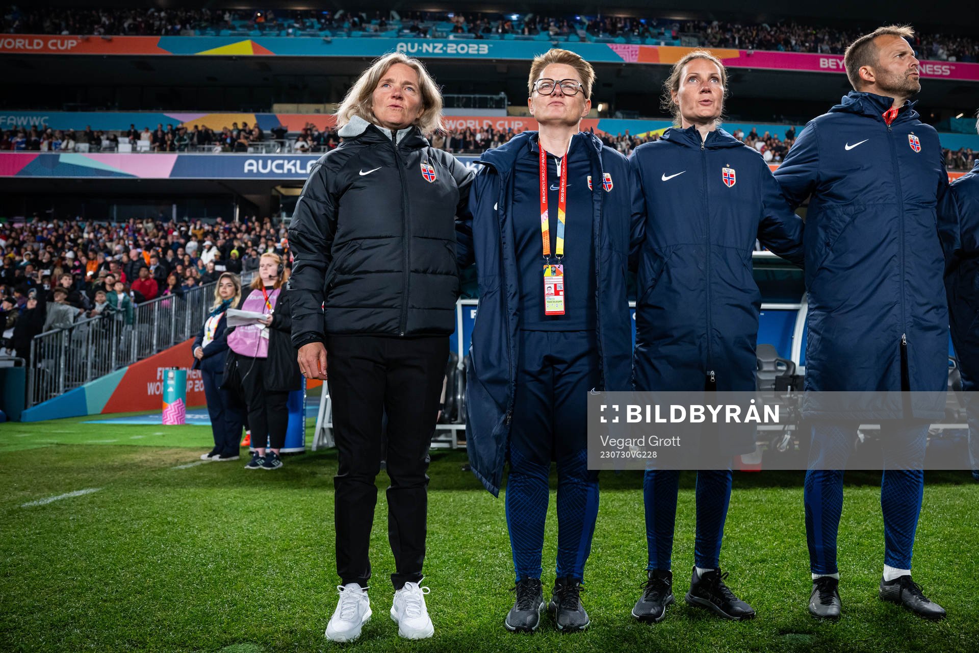 Head coach Hege Riise, assistant coach Monica Knudsen, assistant coach Ingvild Stensland and goalkeeper coach Jon Knudsen of Norway ahead of the FIFA Women's World Cup football match between Norway and Philippines on July 30, 2023 in Auckland. 