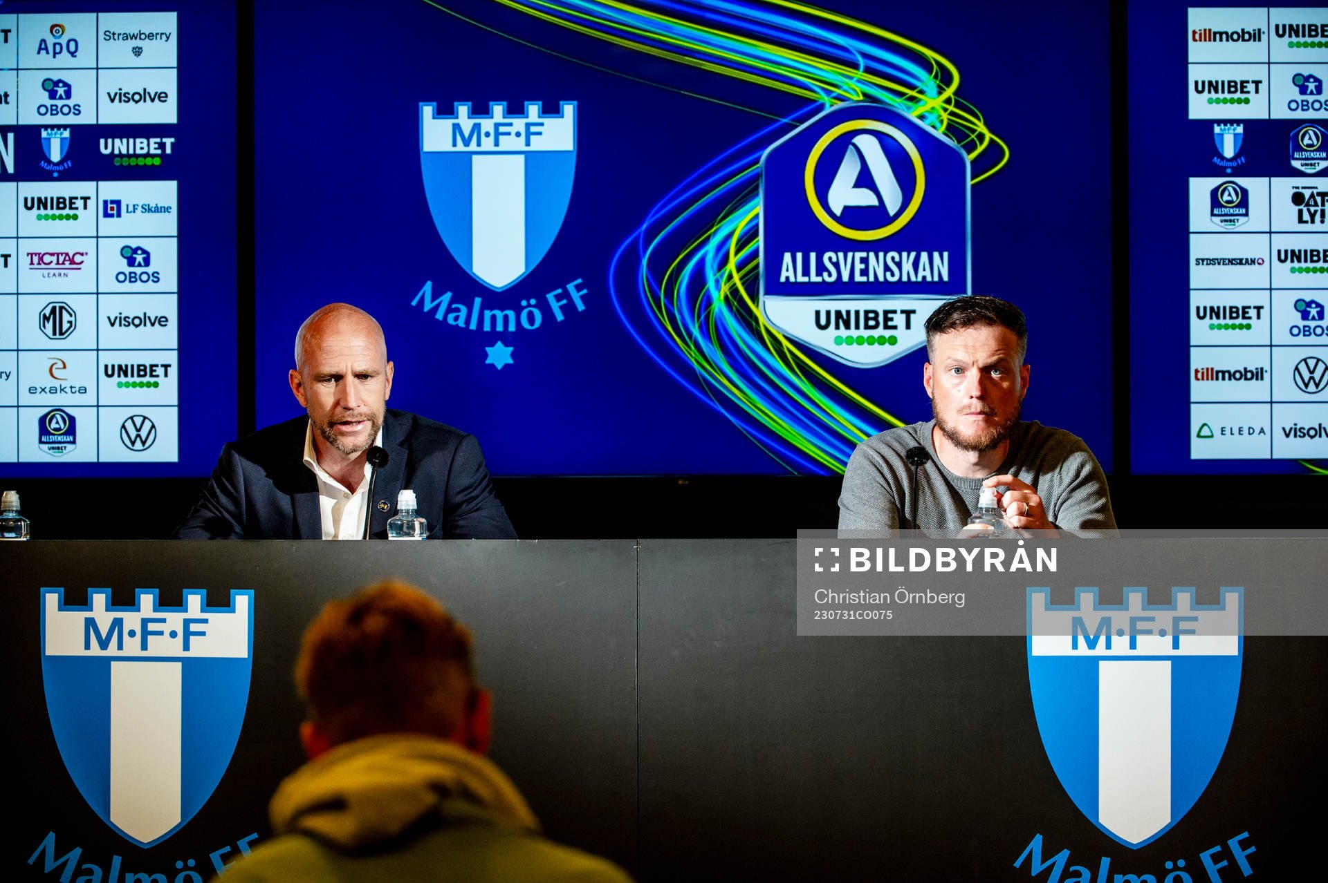 Malmö FFs tränare Henrik Rydström och värnamos tränare Kim Hellberg under en presskonferens efter fotbollsmatchen i Allsvenskan mellan Malmö FF och Värnamo den 31 juli 2023 i Malmö.