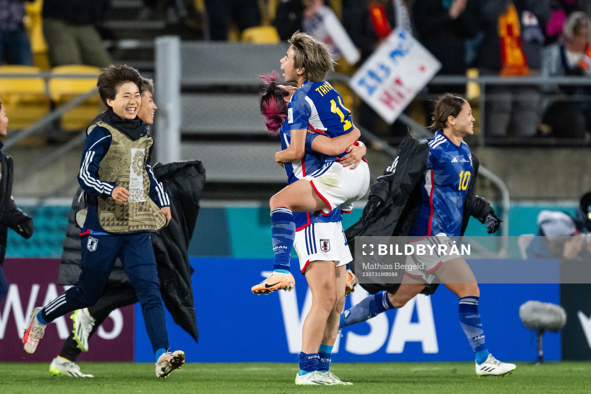 Jun Endo and Mina Tanaka of Japan celebrate after the FIFA Women's World Cup football match between Japan and Spain on July 31, 2023 in Wellington.