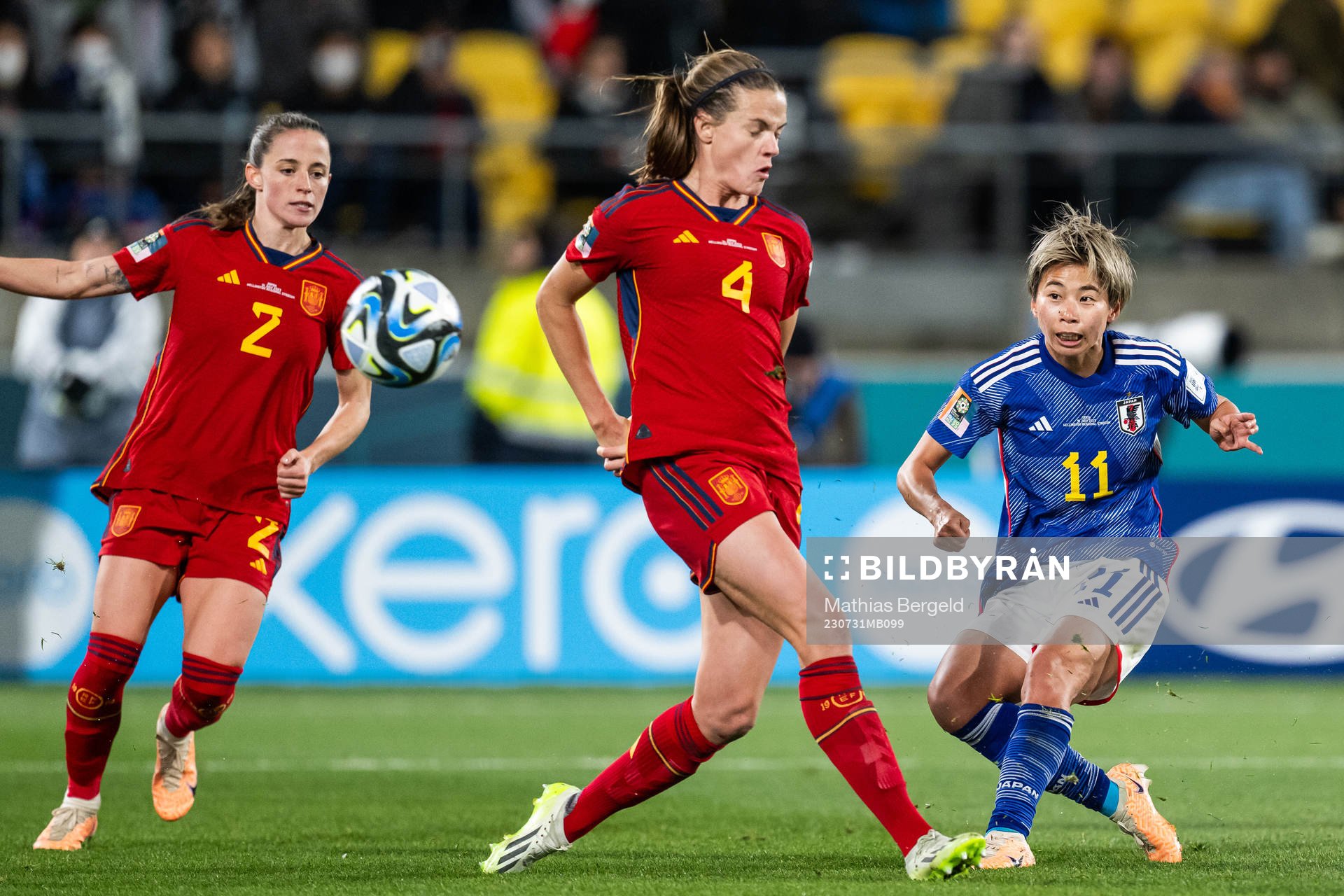 Ona Batlle and Irene Paredes of Spain see Mina Tanaka of
