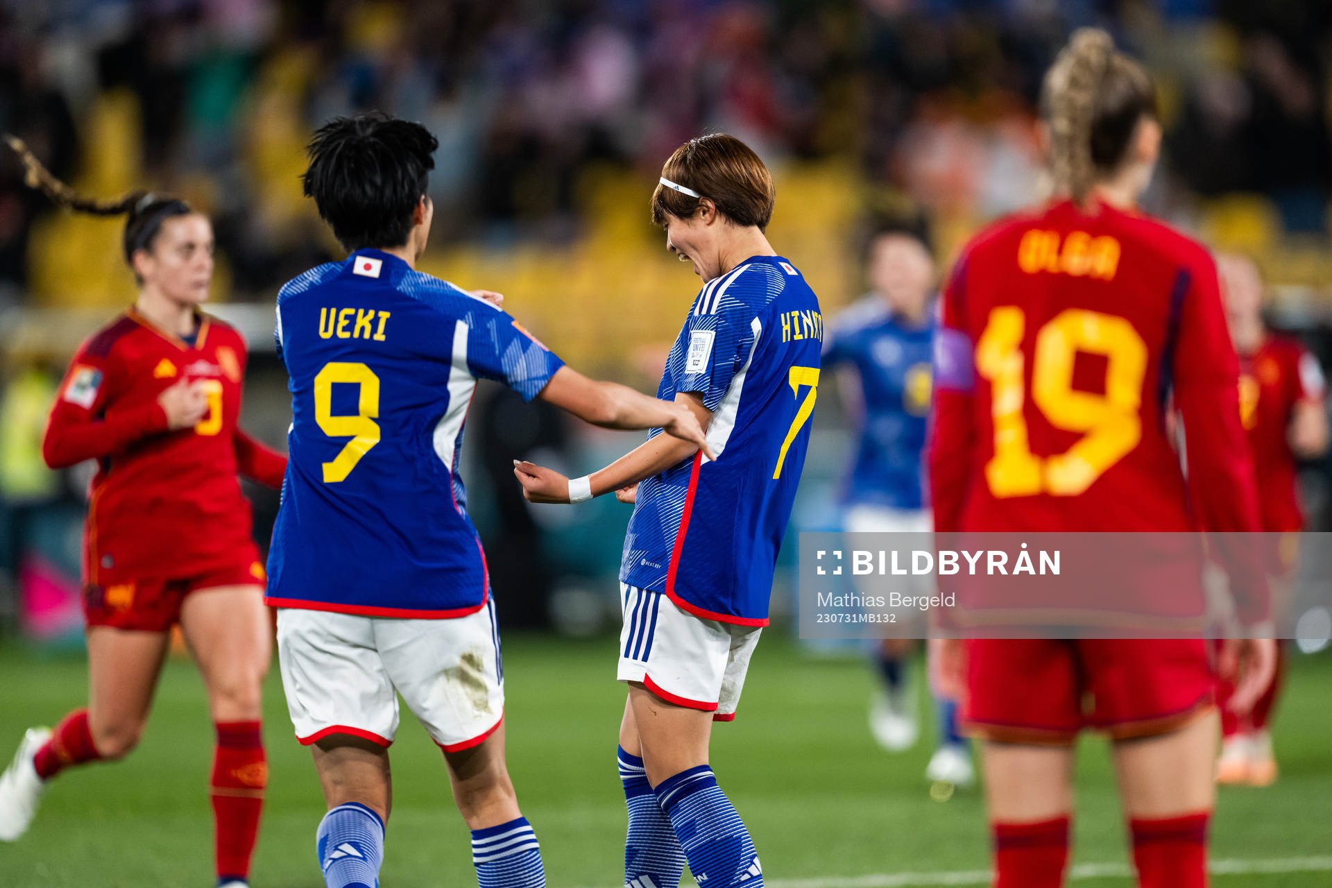 Riko Ueki and Hinata Miyazawa of Japan celebrates after scoring 1-0 during the FIFA Women's World Cup football match between Japan and Spain on July 31, 2023 in Wellington.