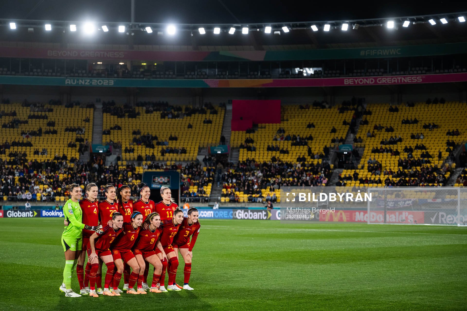 The starting eleven of Spain pose for a photo ahead of the FIFA Women's World Cup football match between Japan and Spain on July 31, 2023 in Wellington. From the top left: goalkeeper Misa Rodriguez, Irene Paredes, Rocia Galvez, Salma Paralluelo, Jennifer Hermoso, Alexia Putellas, Ona Batlle, Aitana Bonmati, Mariona Caldentey, Olga Carmona and Teresa Abelleira.