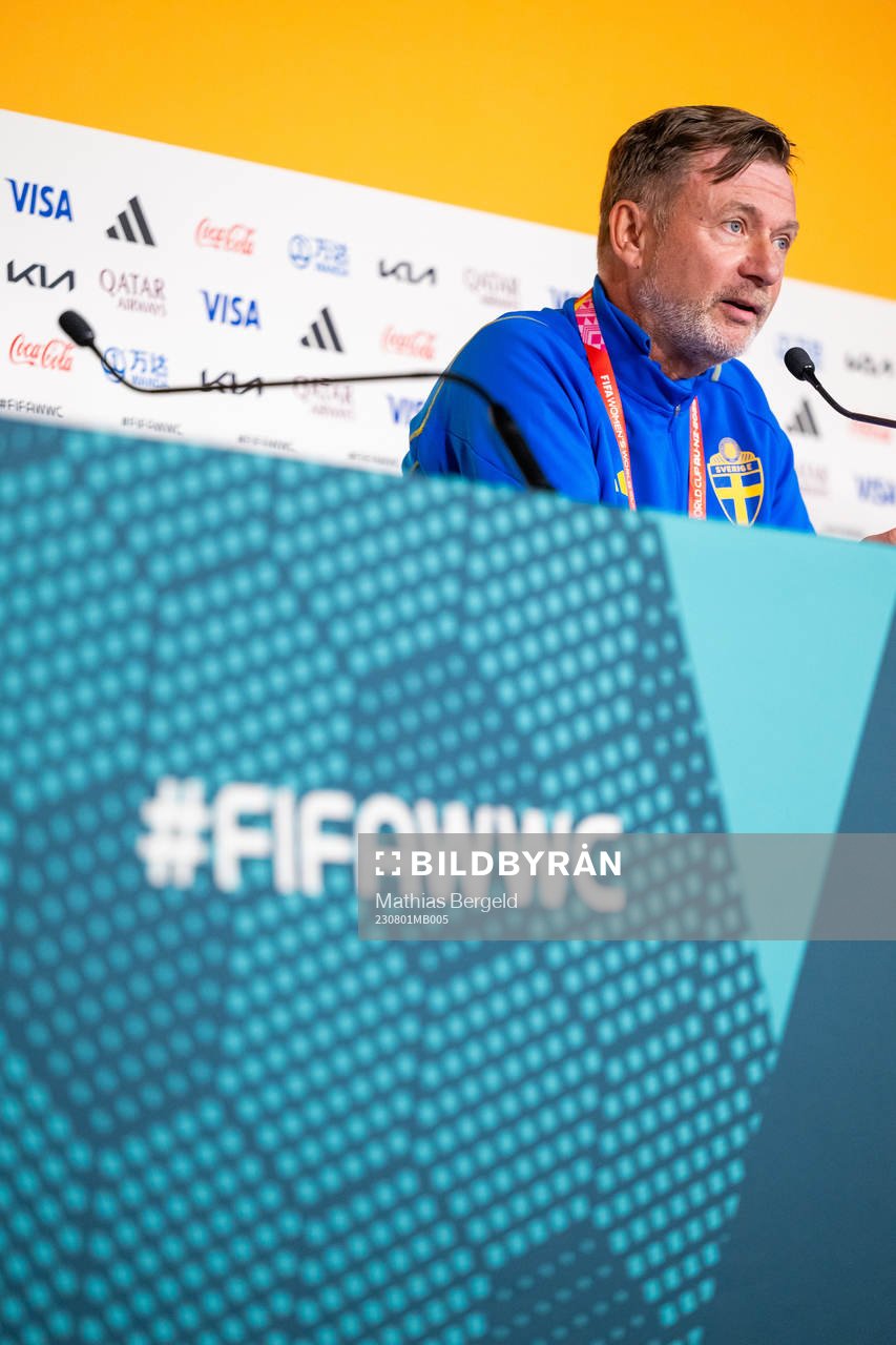 Head coach Peter Gerhardsson of the Swedish women's national football team at a press conference during the FIFA Women's World Cup on August 1, 2023 in Hamilton.