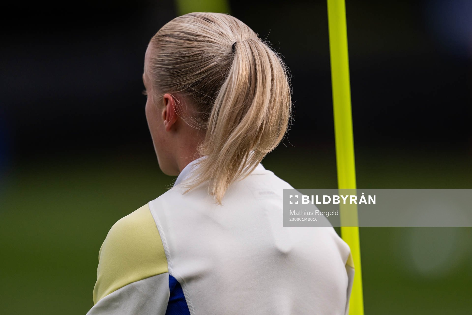 A GPS is seen under the shirt of Anna Sandberg of the Swedish women's national football team at a training session during the FIFA Women's World Cup on August 1, 2023 in Hamilton.