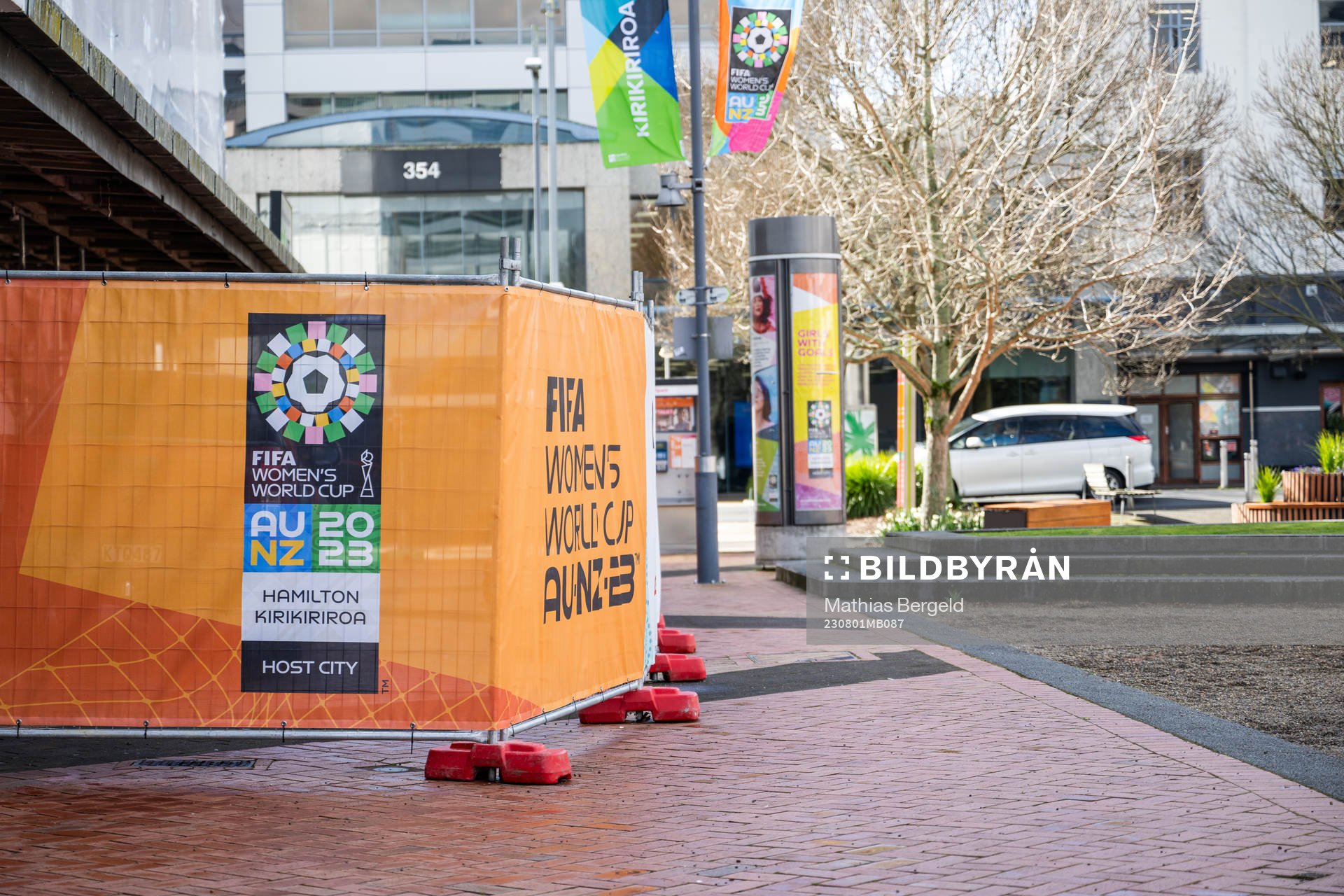 Barriers in Hamilton Square with the logo for the FIFA
