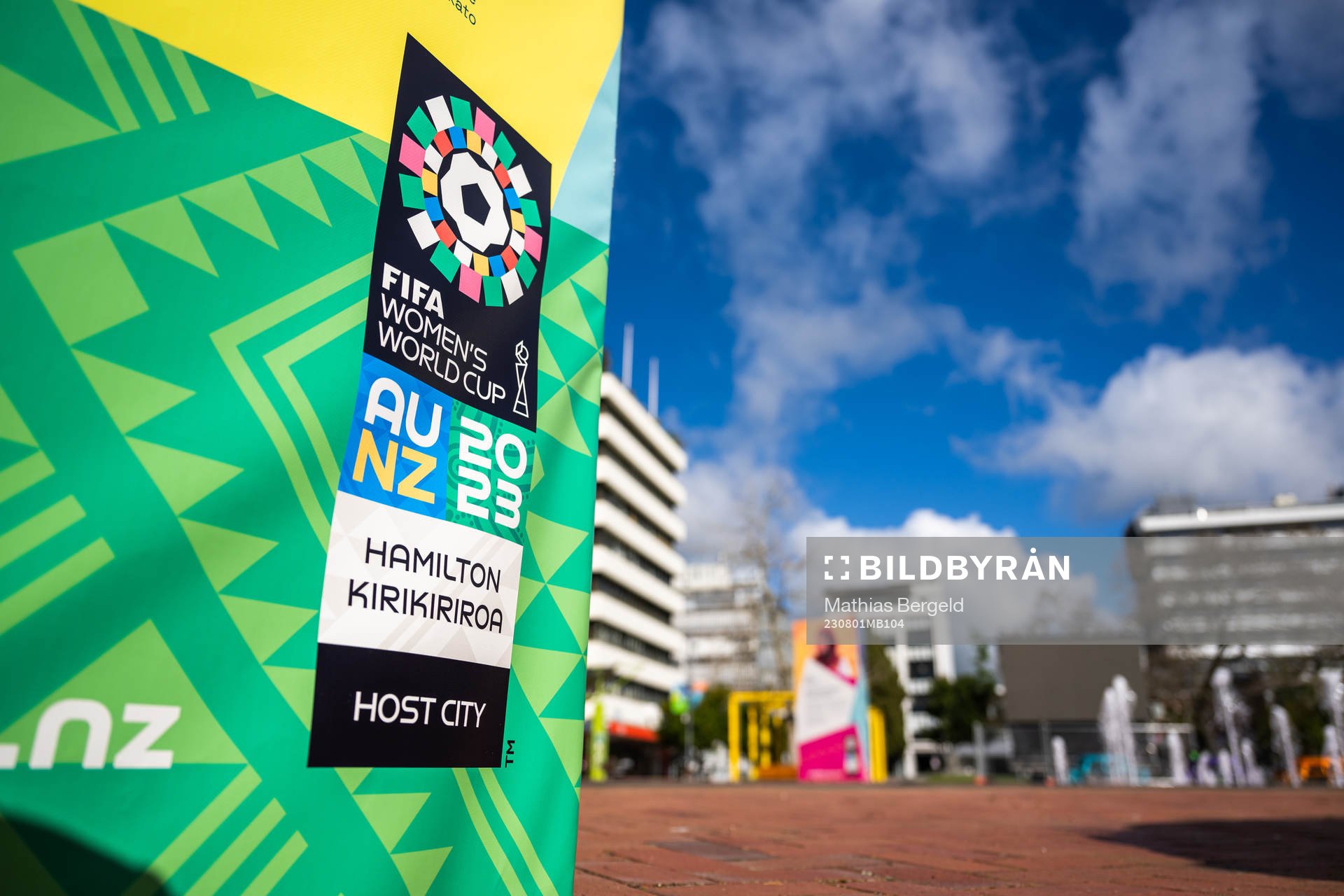 General view of a sign in Hamilton Square during the FIFA Women's World Cup on August 1, 2023 in Hamilton. 