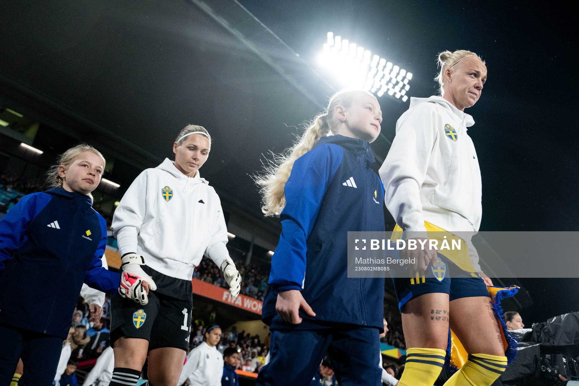 Goalkeeper Jennifer Falk and Caroline Seger of Sweden