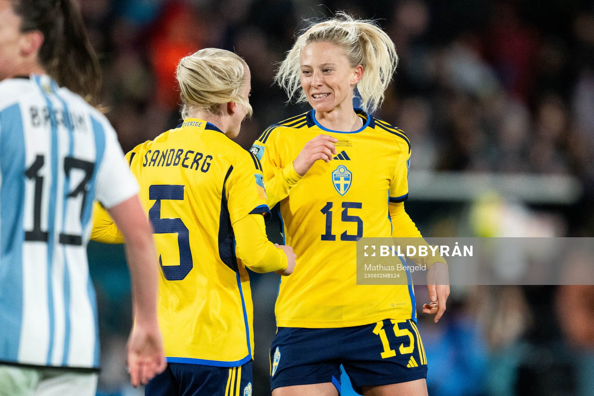Rebecka Blomqvist of Sweden celebrates with Anna Sandberg