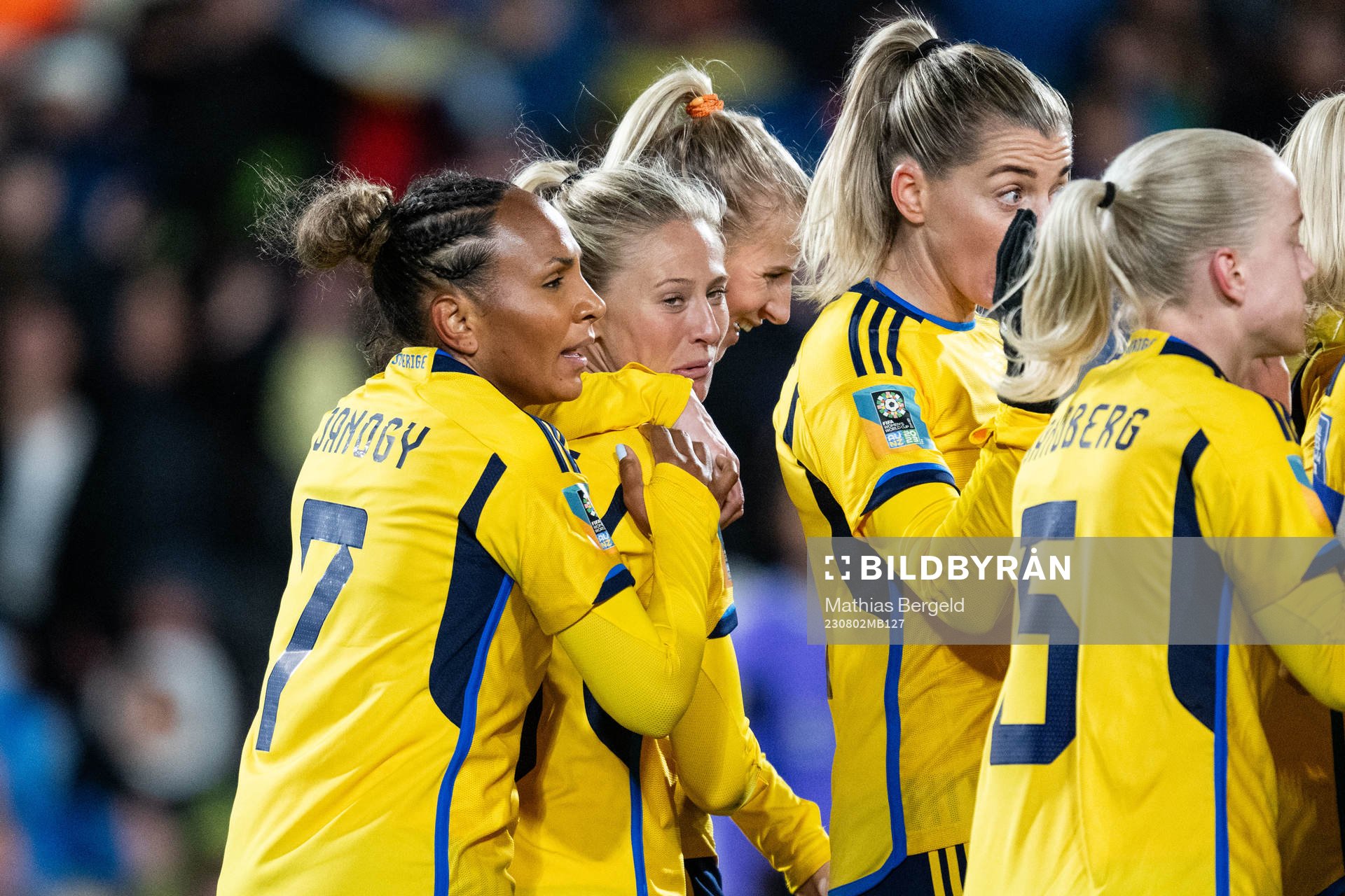 Rebecka Blomqvist of Sweden celebrates with Madelen Janogy, Sofia Jakobsson and Linda Sembrant after 0-1 during the FIFA Women's World Cup football match between Argentina and Sweden on August 2, 2023 in Hamilton.