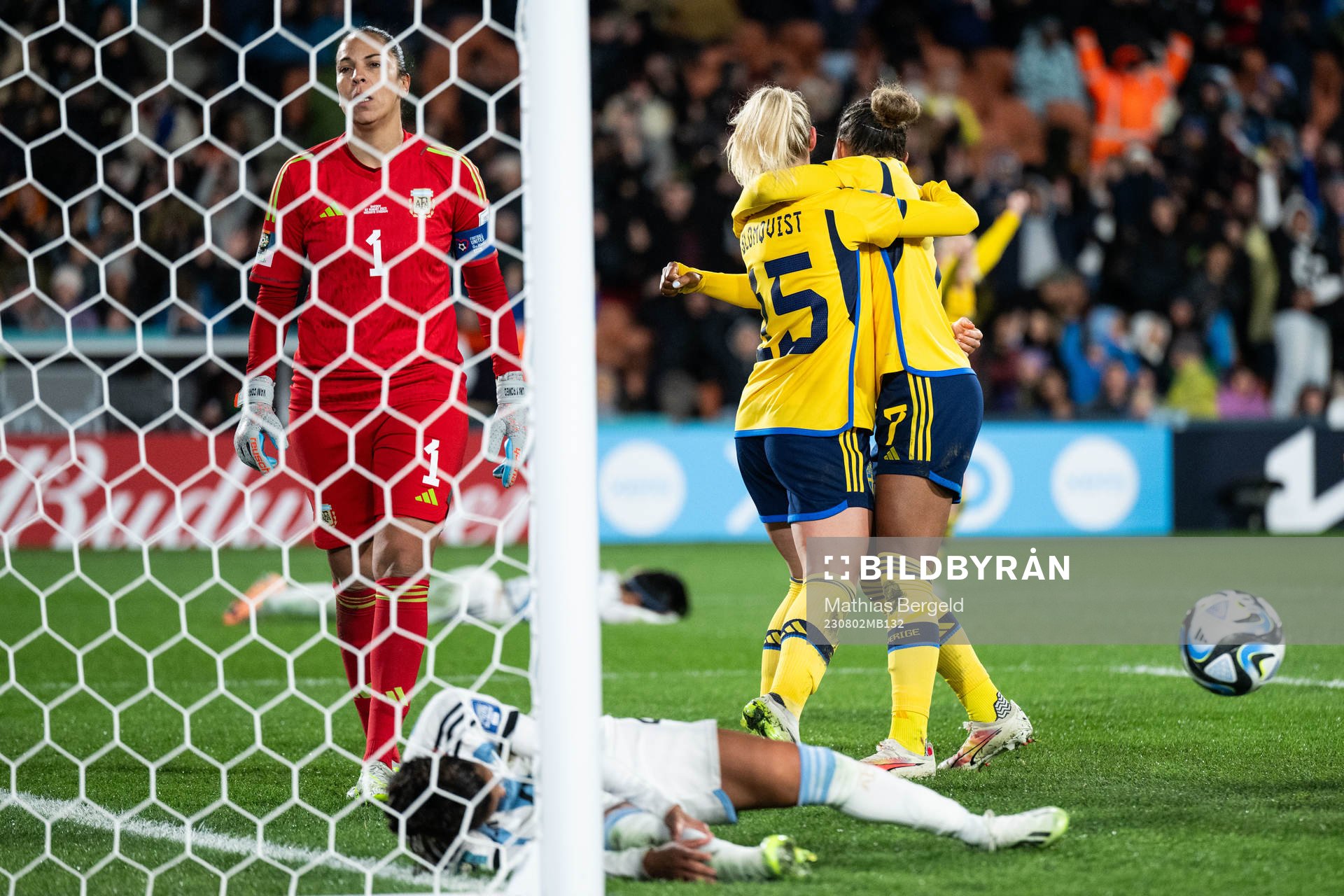 Rebecka Blomqvist of Sweden celebrates with Madelen Janogy