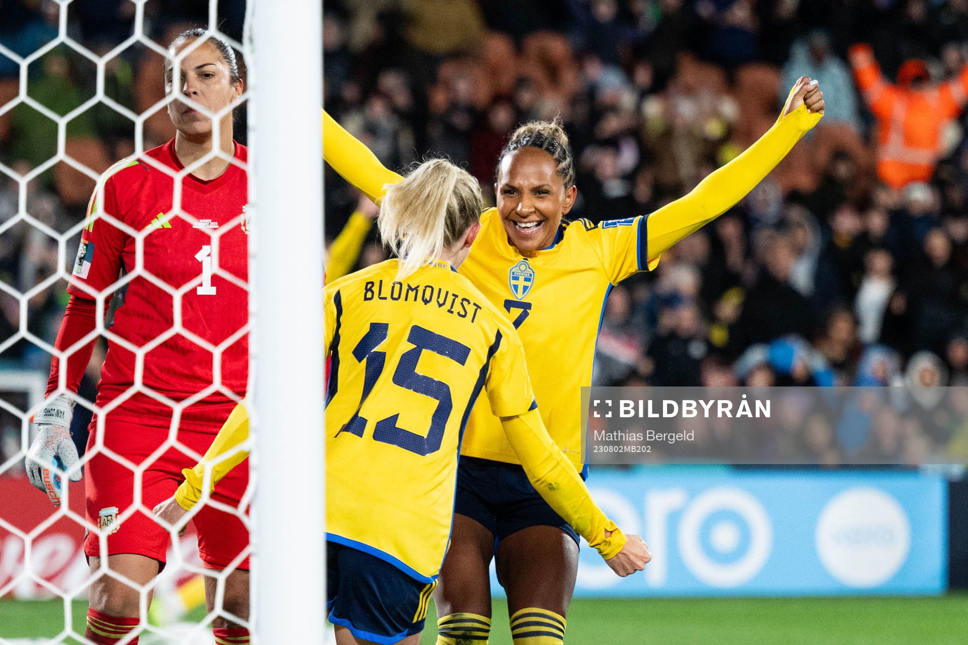 Rebecka Blomqvist of Sweden celebrates with Madelen Janogy