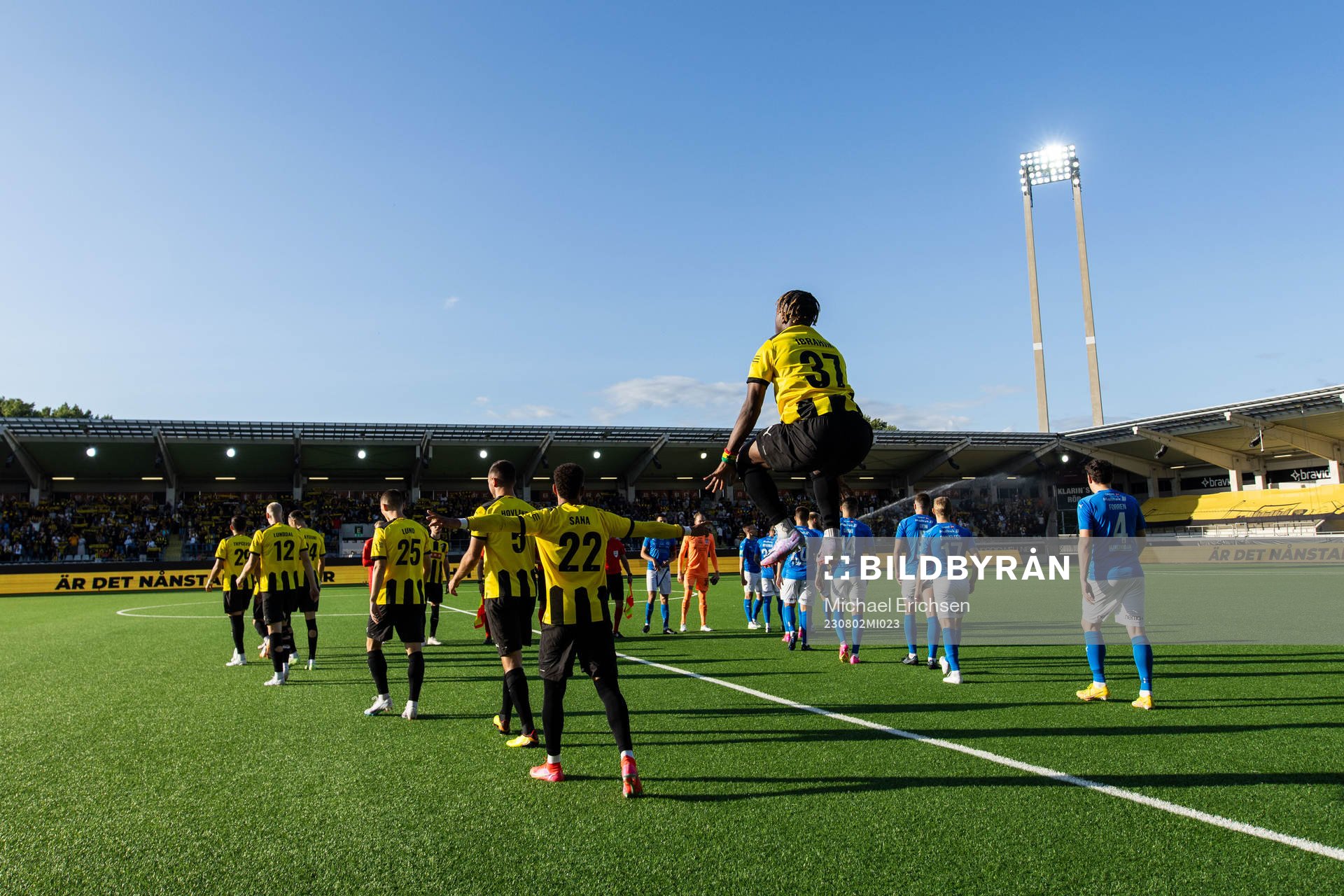Players of Häcken and of Klaksvik enter the pitch ahead of the UEFA Champions League qualification match between BK Häcken and Klaksvik on August 2, 2023 in Göteborg.