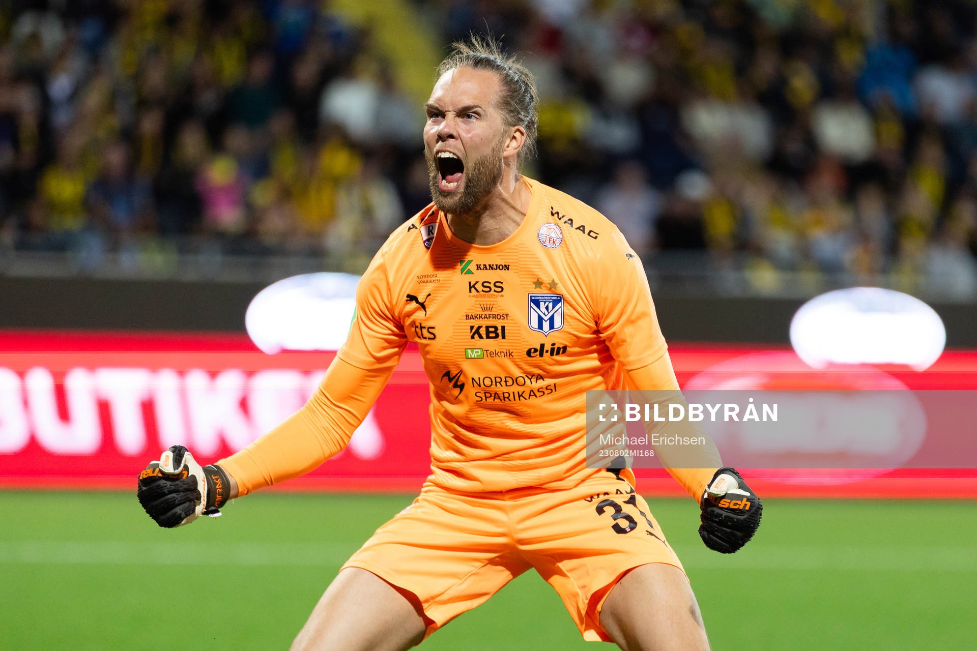 Goalkeeper Nils Jonatan Johansson of Klaksvik celebrates