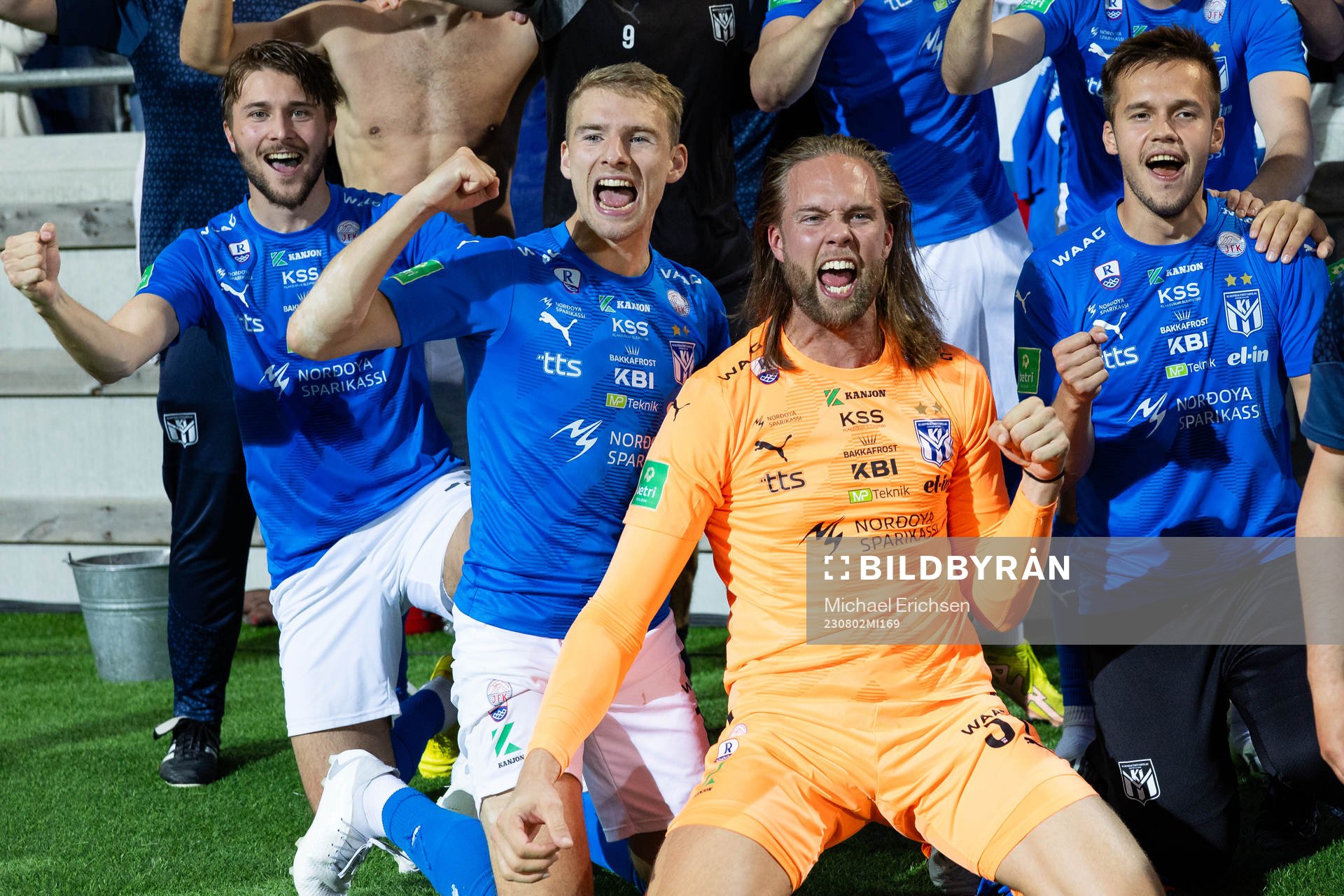 Goalkeeper Nils Jonatan Johansson of Klaksvik celebrates with team mates after the UEFA Champions League qualification match between BK Häcken and Klaksvik on August 2, 2023 in Göteborg.