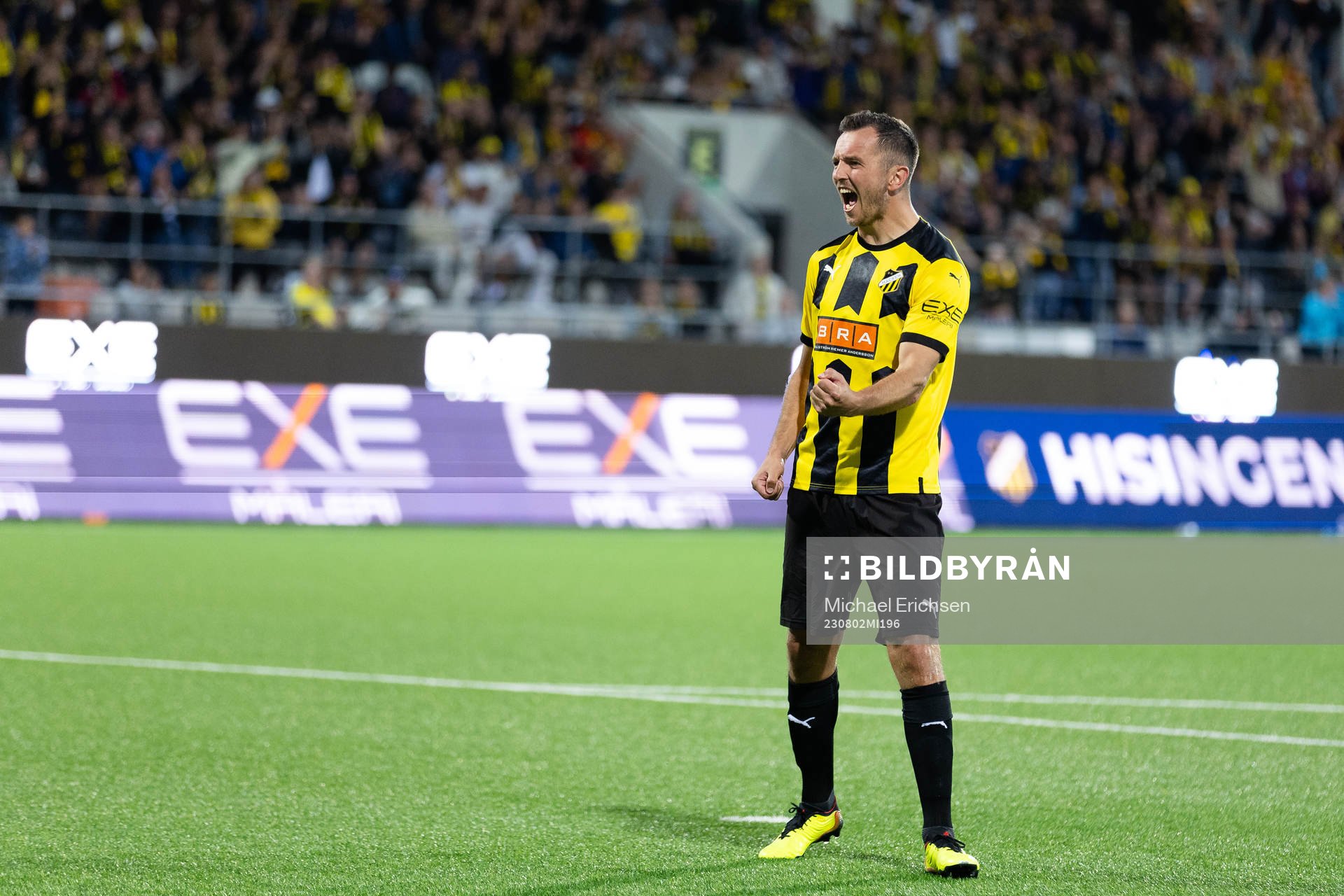 Even Hovland of Häcken celebrates scoring a penalty shot