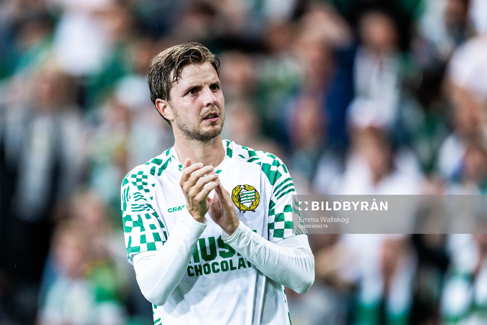 Joel Nilsson of Hammarby after the UEFA Europa Conference League qualifying match between Hammarby and Twente on August 3, 2023 in Stockholm.