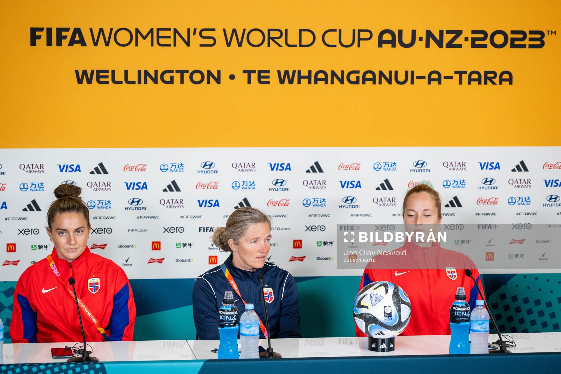 Vilde Bøe Risa, head coach Hege Riise and goalkeeper Aurora Mikalsen of Norway at a press conference during the FIFA Women's World Cup on August 4, 2023 in Wellington.