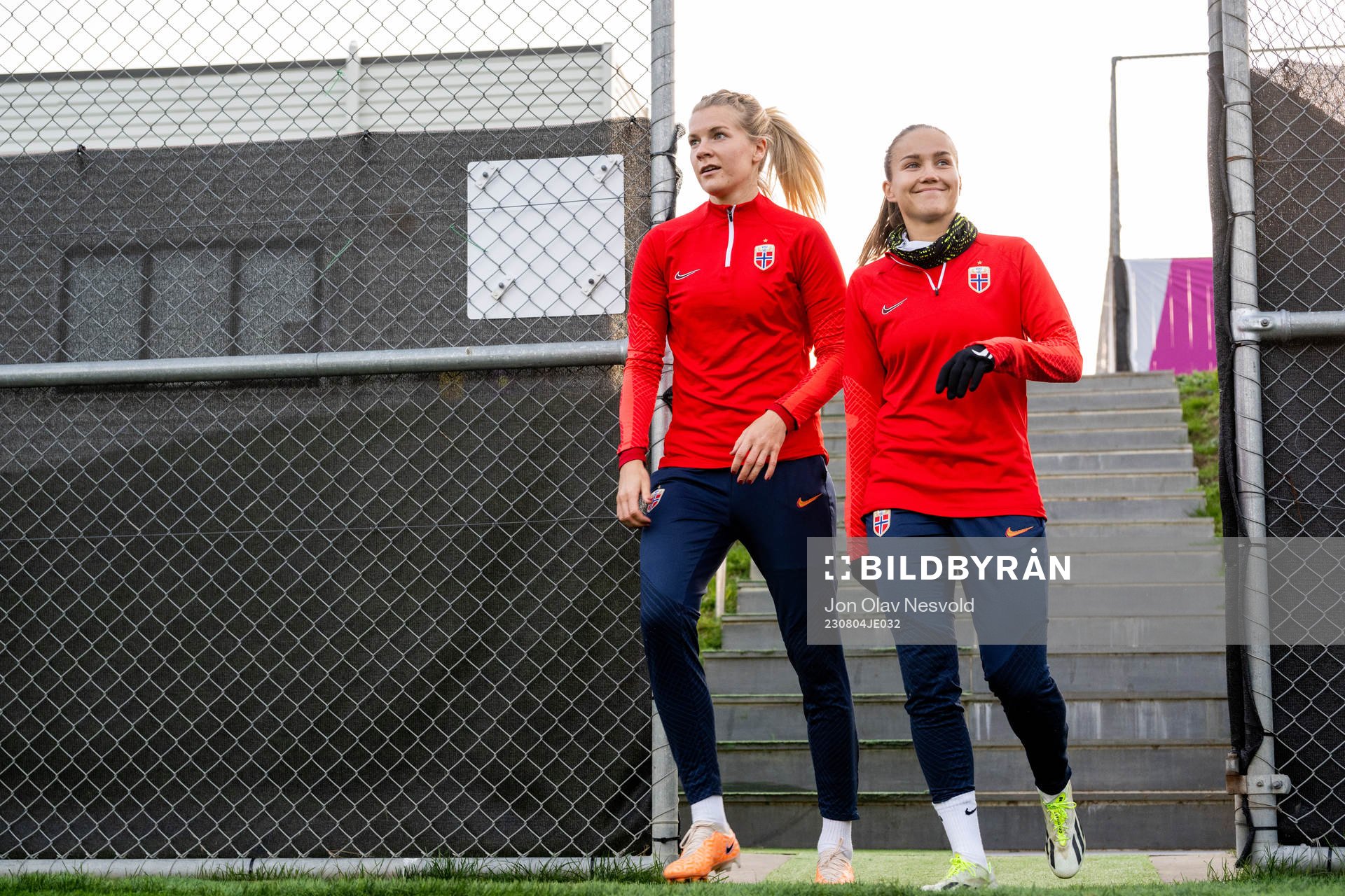 Ada Hegerberg and Guro Reiten of Norway at a training